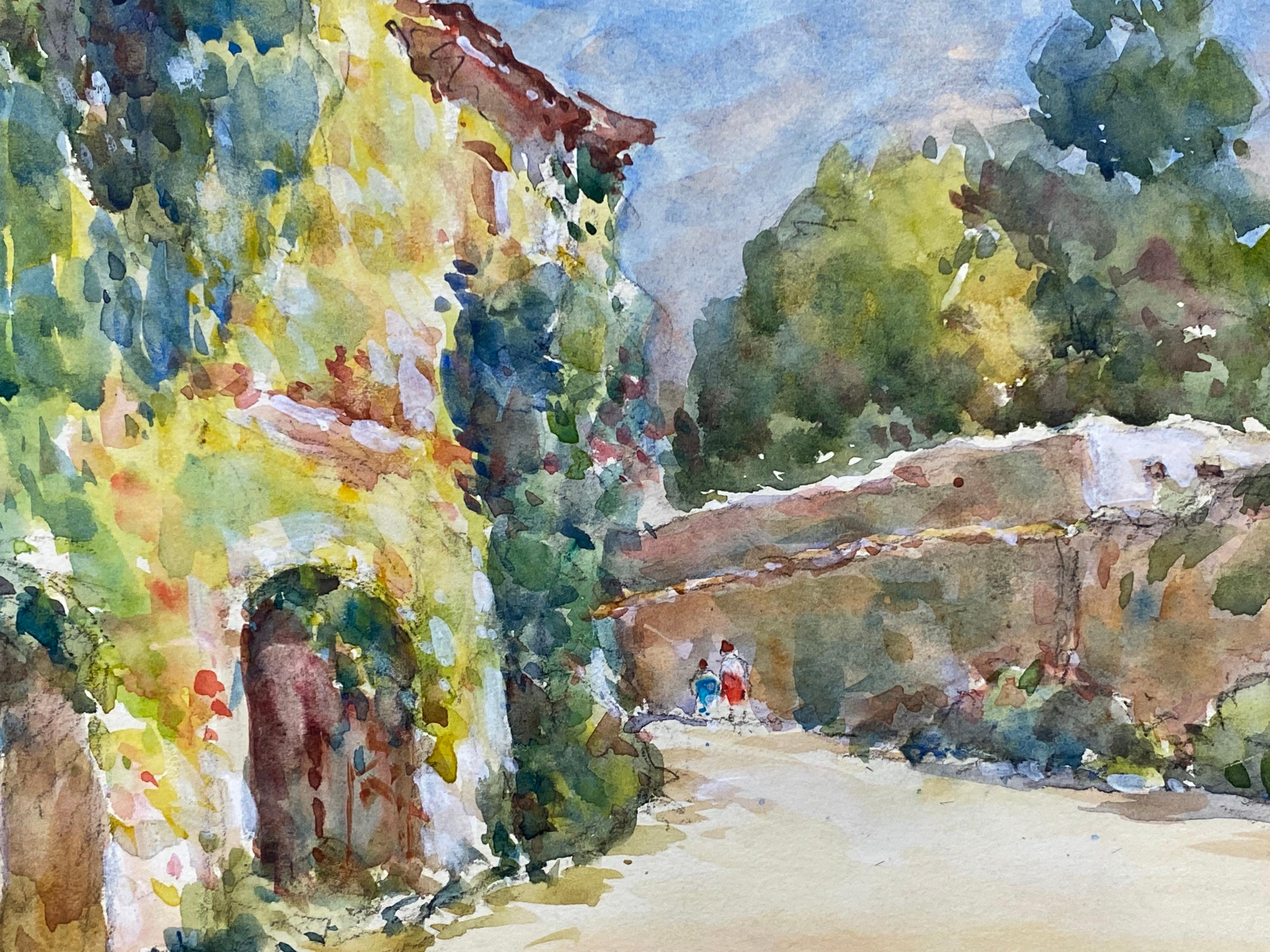 ST PAUL DE VENCE  Peinture à l'aquarelle française signée - Rues françaises colorées - Painting de Camille Meriot