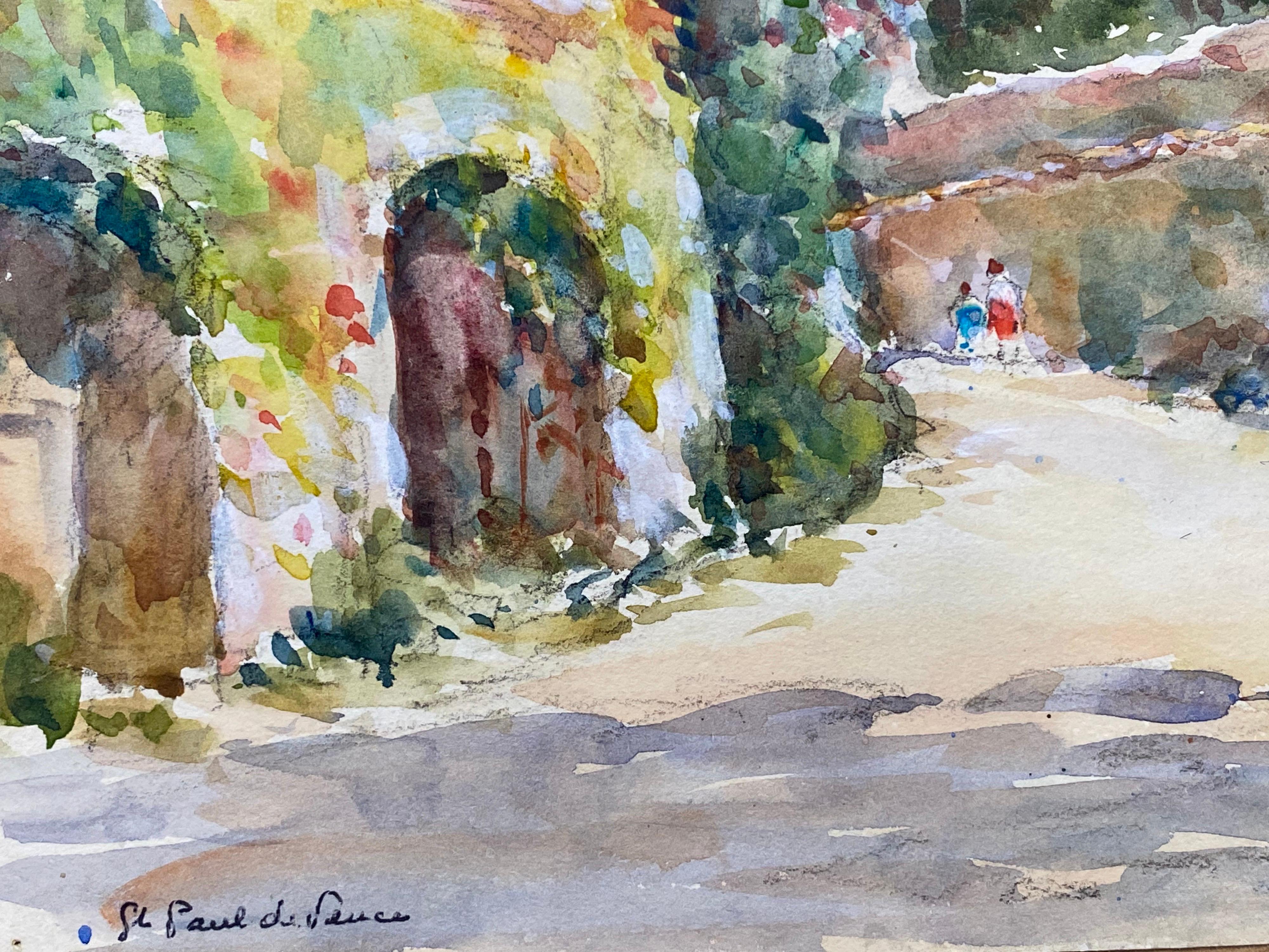 ST PAUL DE VENCE  French Signed Watercolour Painting - Colourful French Streets - Gray Landscape Painting by Camille Meriot