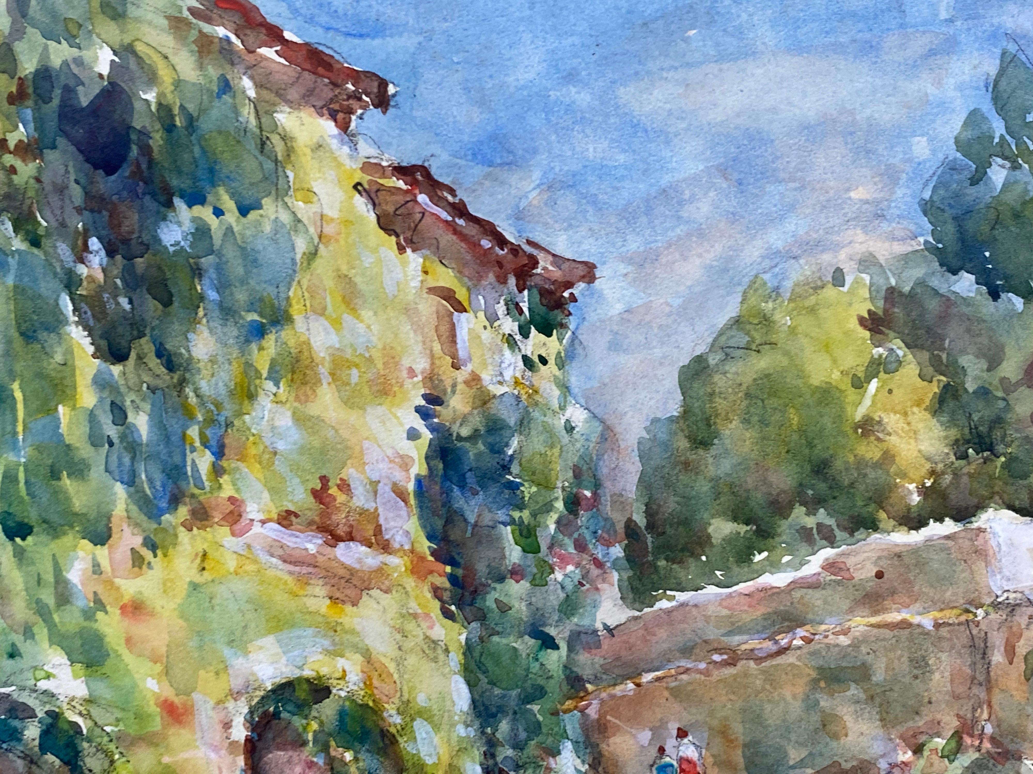 ST PAUL DE VENCE  Peinture à l'aquarelle française signée - Rues françaises colorées en vente 1