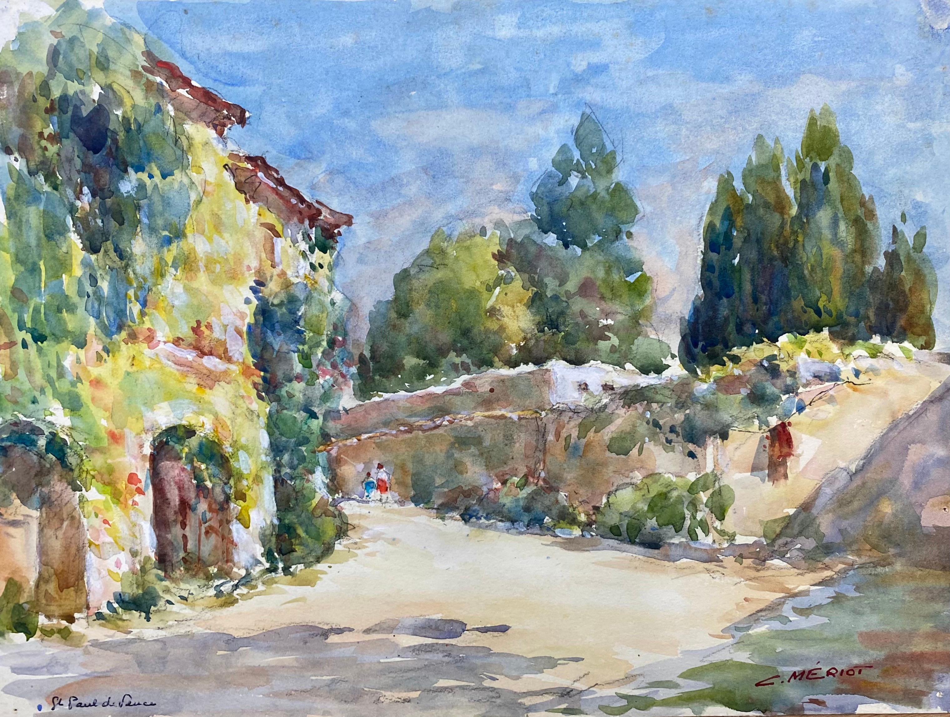 Landscape Painting Camille Meriot - ST PAUL DE VENCE  Peinture à l'aquarelle française signée - Rues françaises colorées