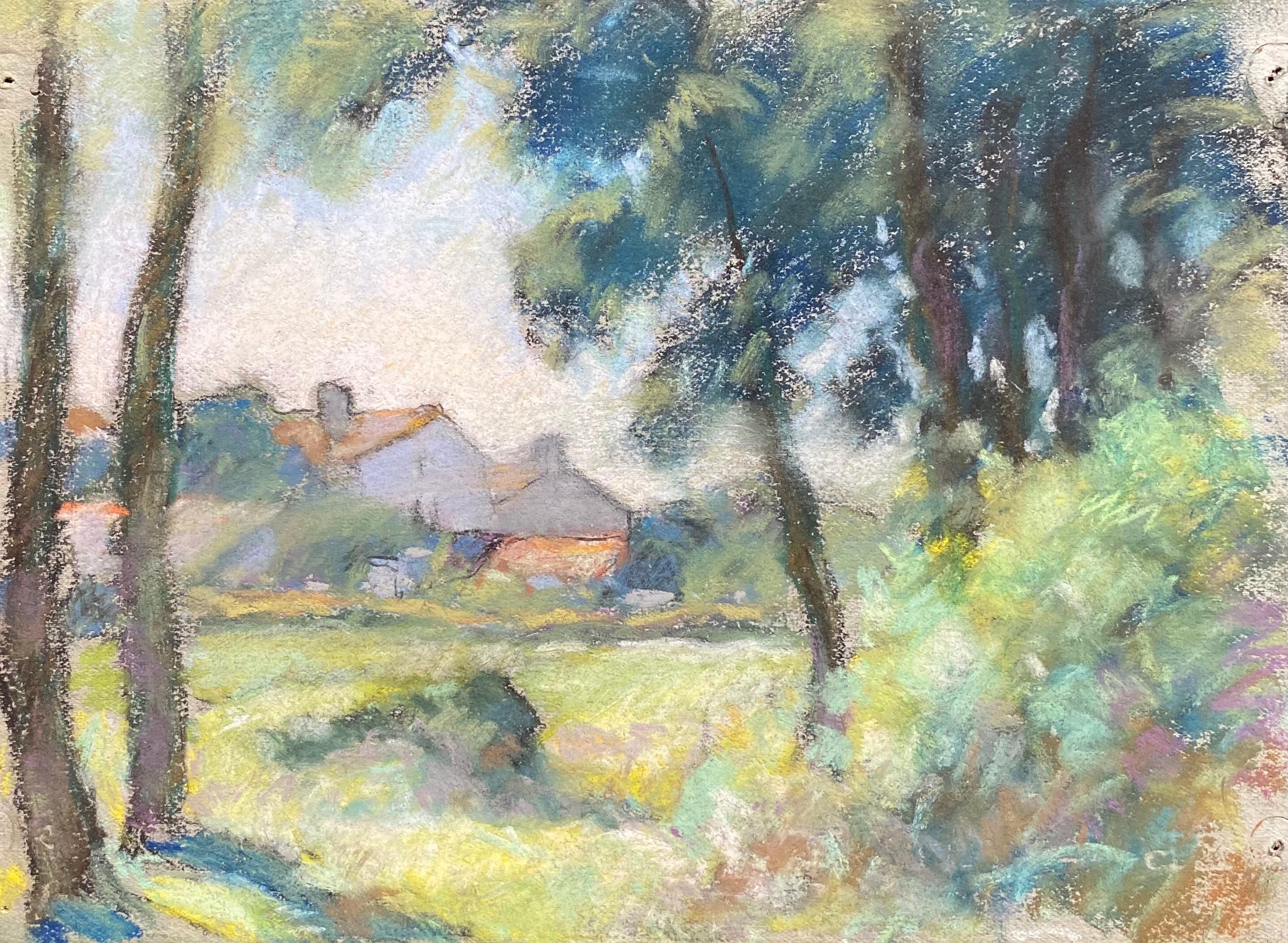 Camille Meriot Mid 20th Century Pastel French Impressionist painting Rural Field