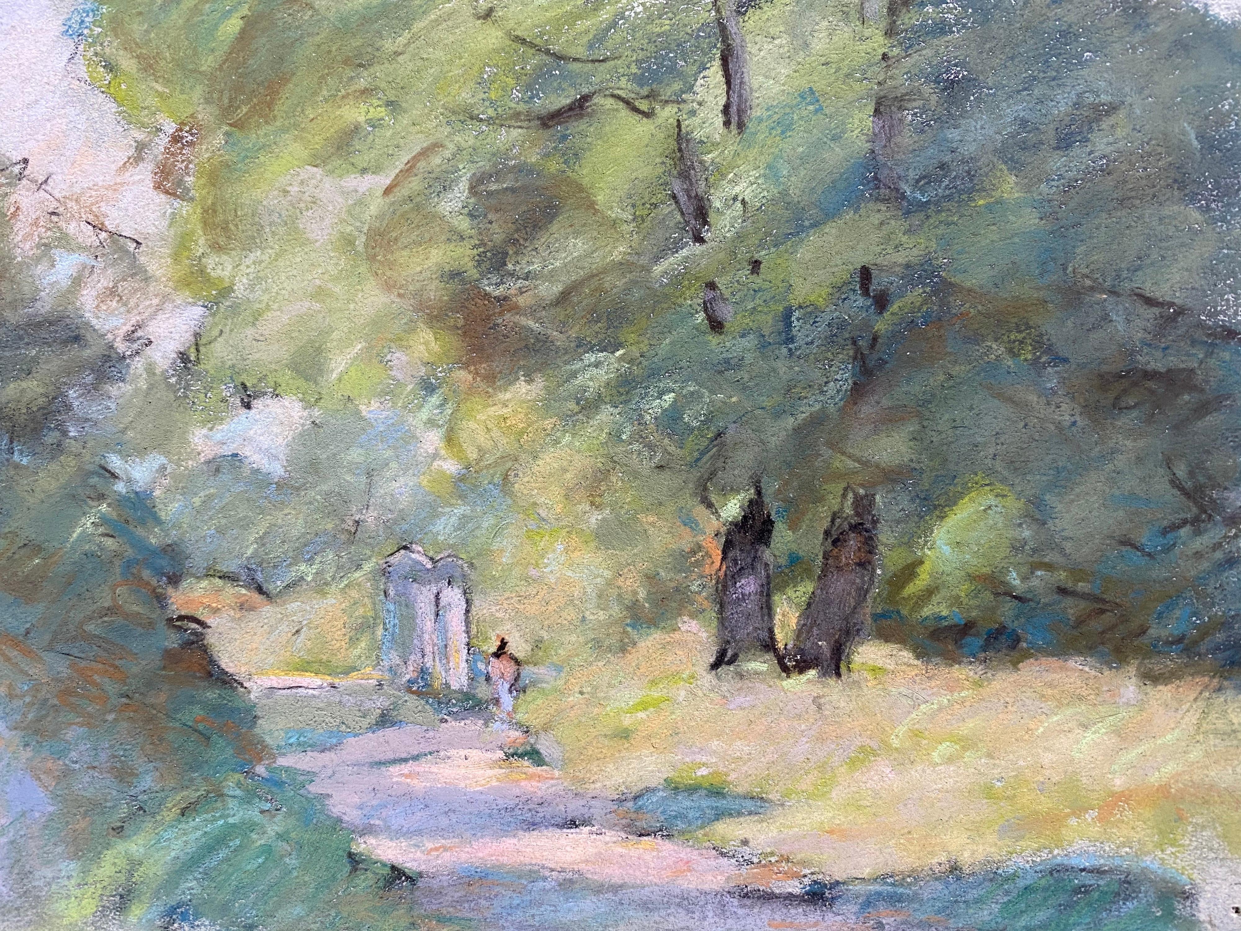 Camille Meriot, Impressionista francese a pastello, campagna illuminata dal sole, vicolo tranquillo in vendita 1