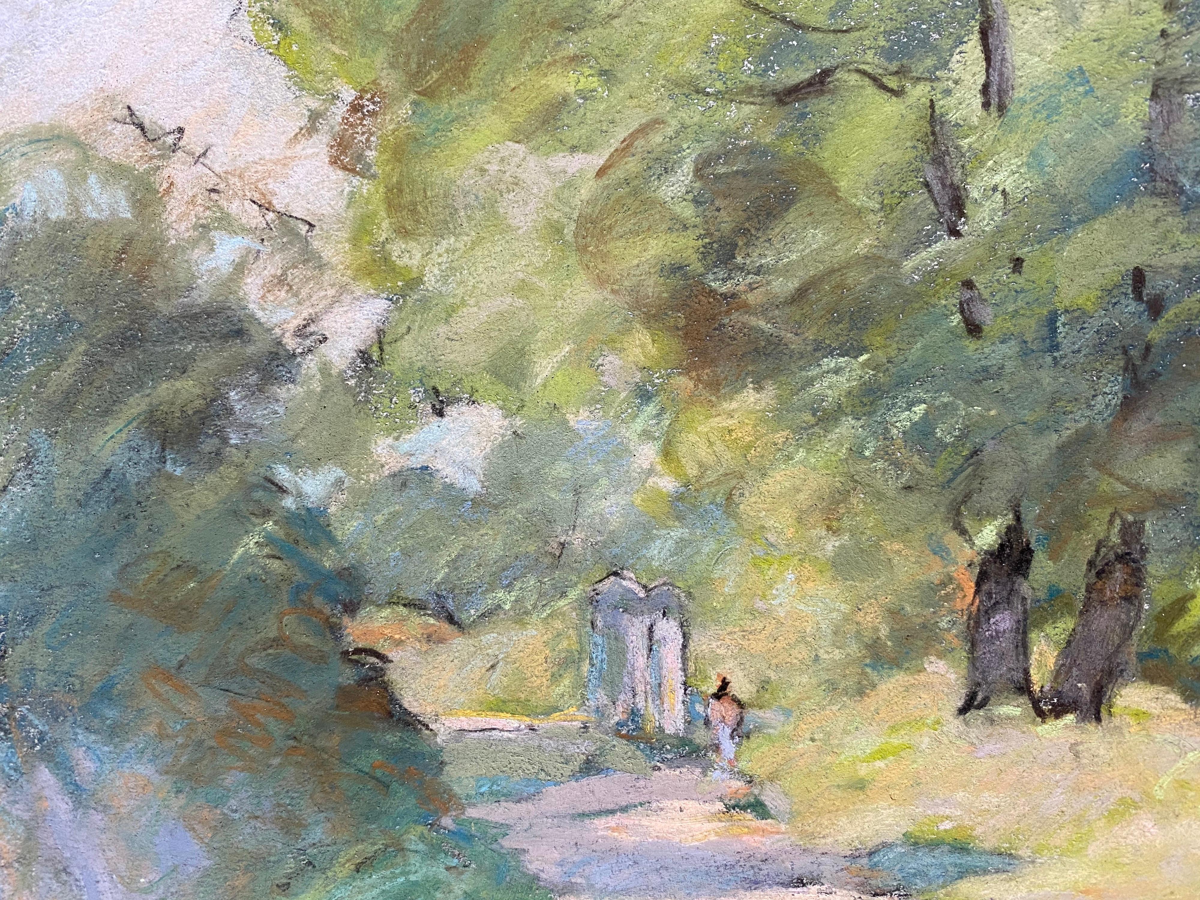 Camille Meriot, Impressionista francese a pastello, campagna illuminata dal sole, vicolo tranquillo in vendita 2