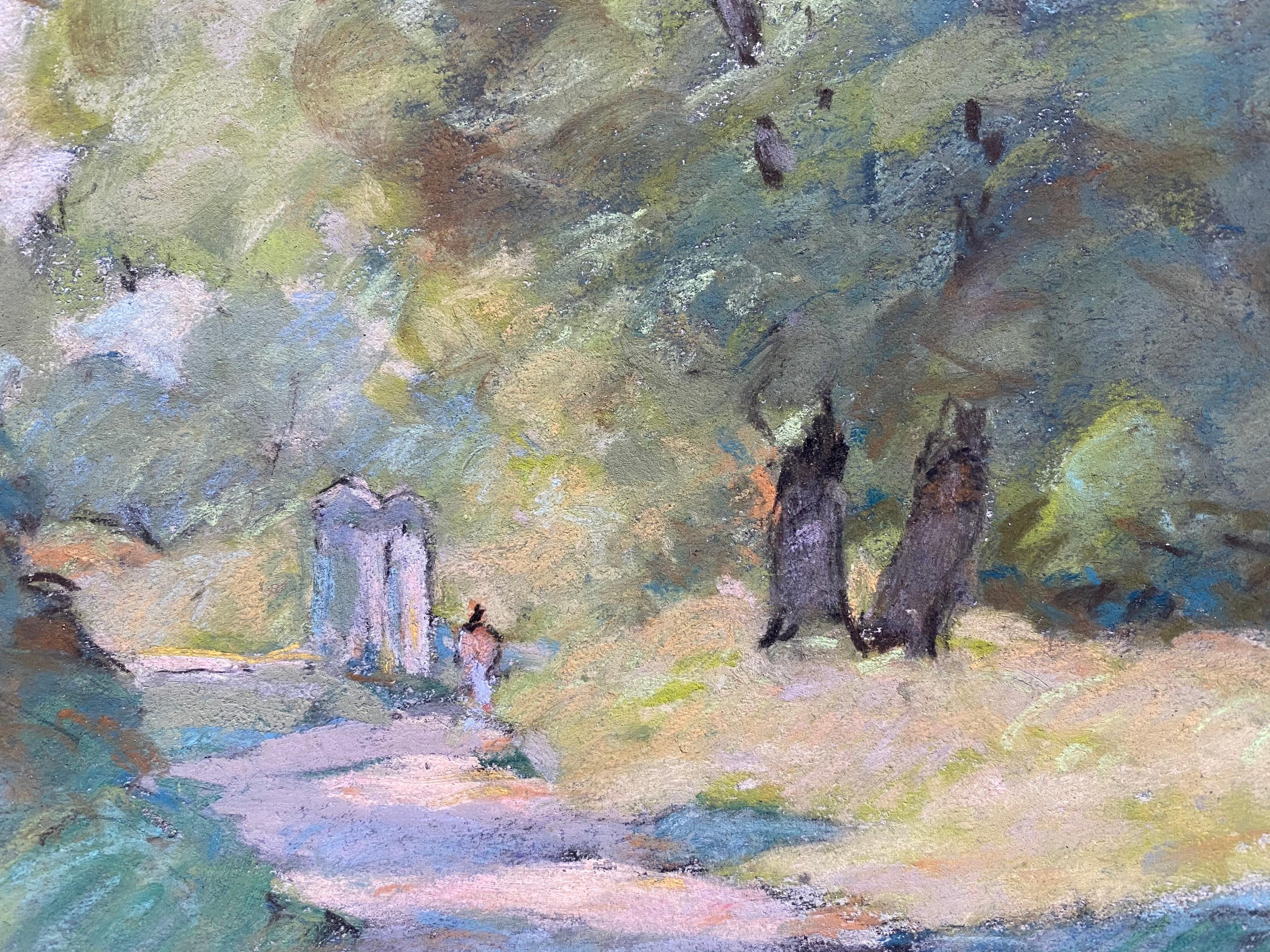 Camille Meriot, Impressionista francese a pastello, campagna illuminata dal sole, vicolo tranquillo in vendita 3