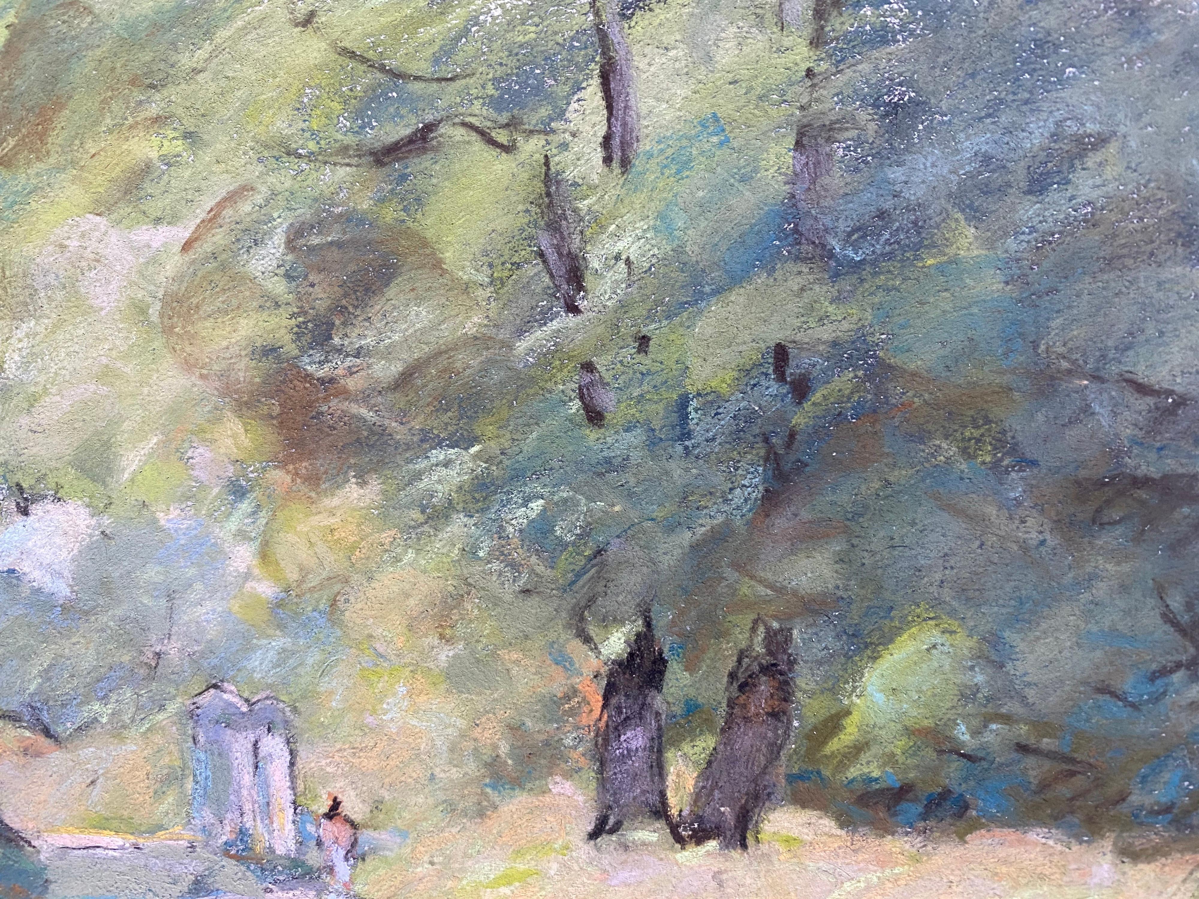 Camille Meriot, Impressionista francese a pastello, campagna illuminata dal sole, vicolo tranquillo in vendita 4
