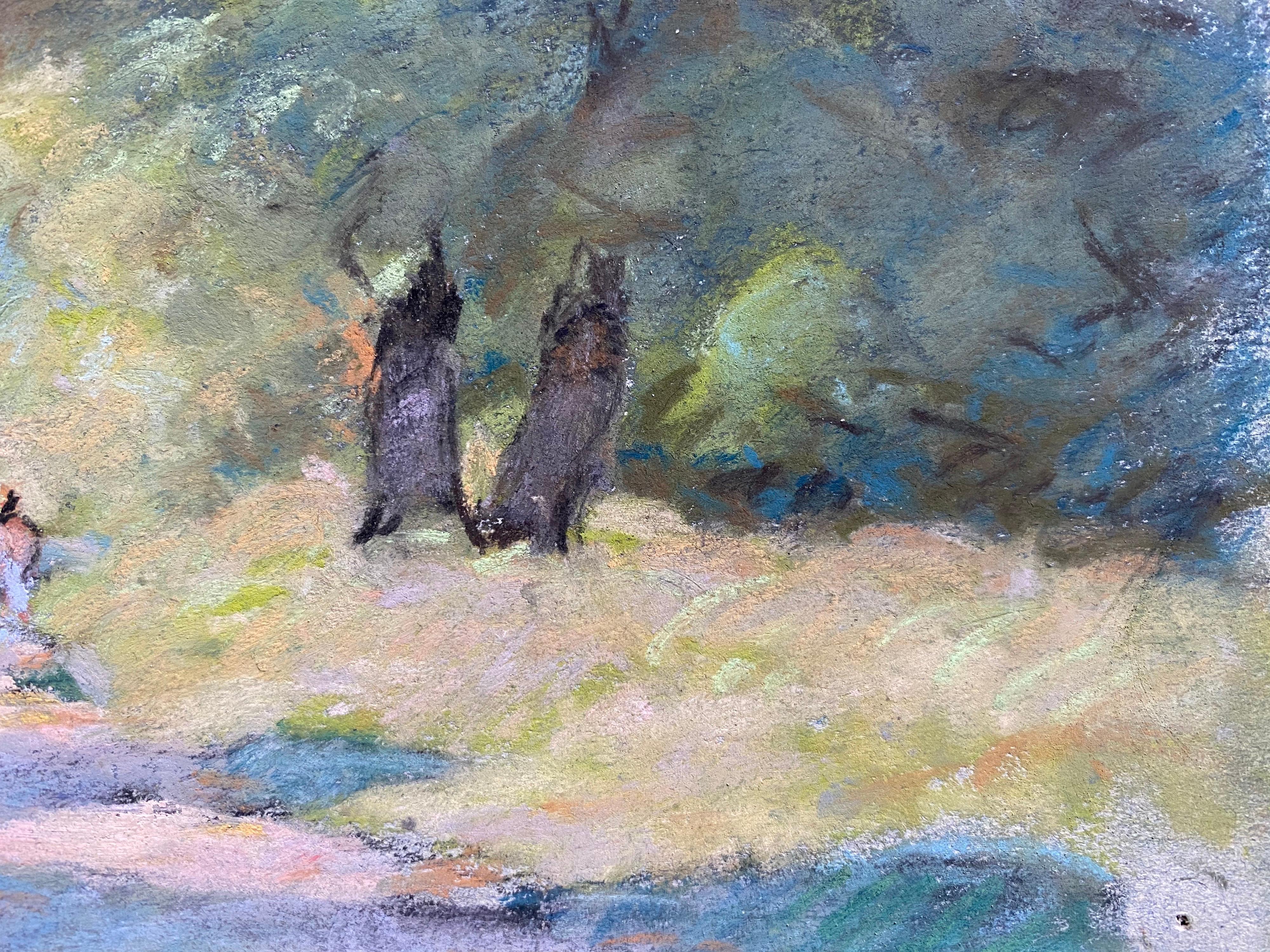 Camille Meriot, Impressionista francese a pastello, campagna illuminata dal sole, vicolo tranquillo in vendita 6