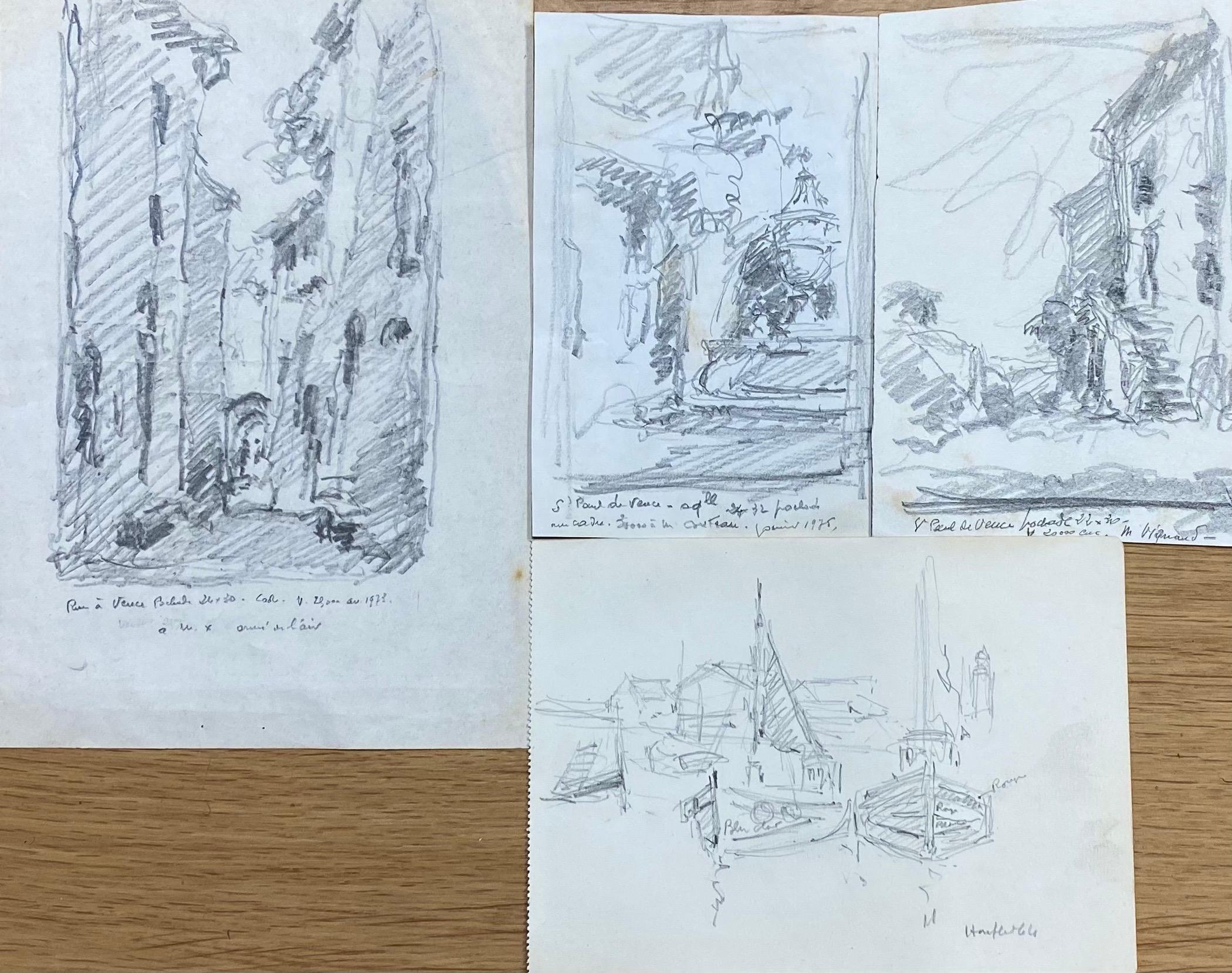 Satz von 4 Zeichnungen
von Camille Meriot (Französisch 1887-1975) 
unterzeichnet 
Bleistiftzeichnungen auf Papier
Zeichnungsgrößen von links nach rechts
Papier 1: 8,25 x 5,25 Zoll
Papier 2: 5,75 x 3,75 Zoll
Papier 3: 6 x 4 Zoll
Papier 4 (untere