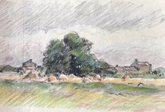 Vintage Farm Scene with Haystacks, French Impressionist painting