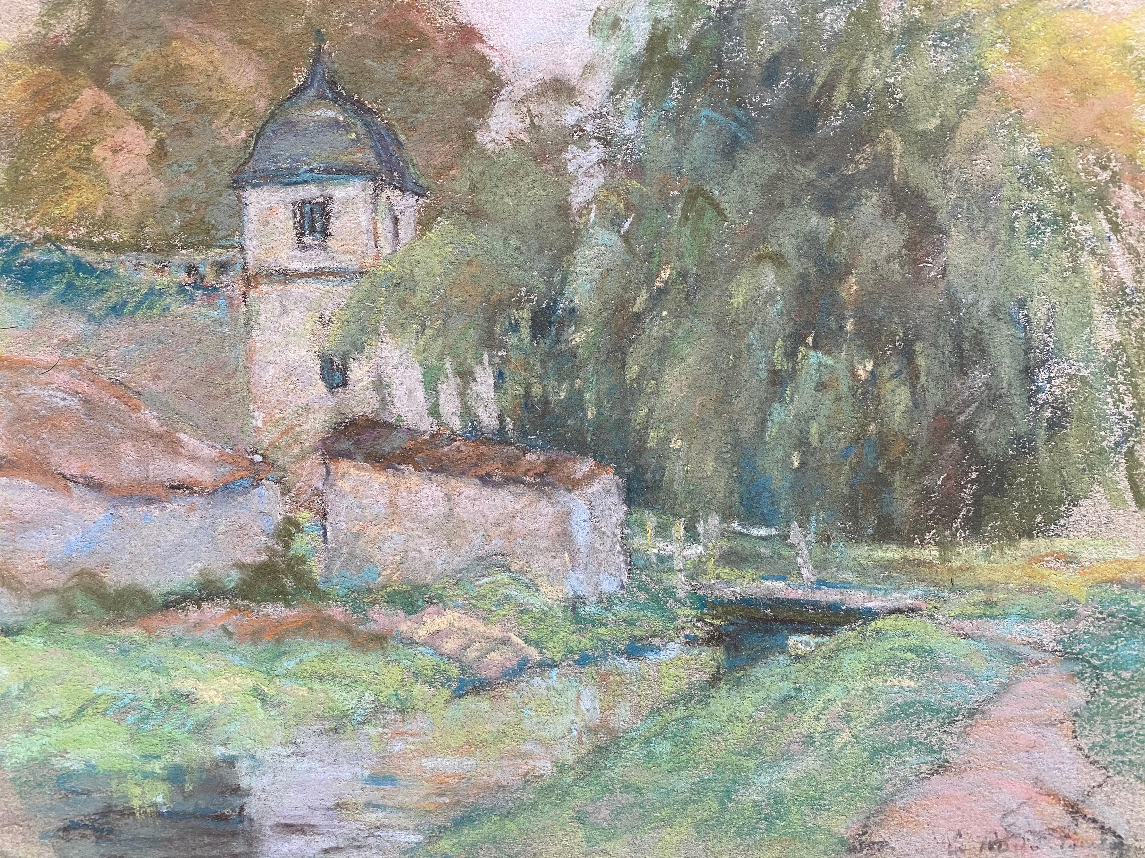 Fine French Impressionist Pastel, Countryside Village Lane River and Trees - Painting by Camille Meriot