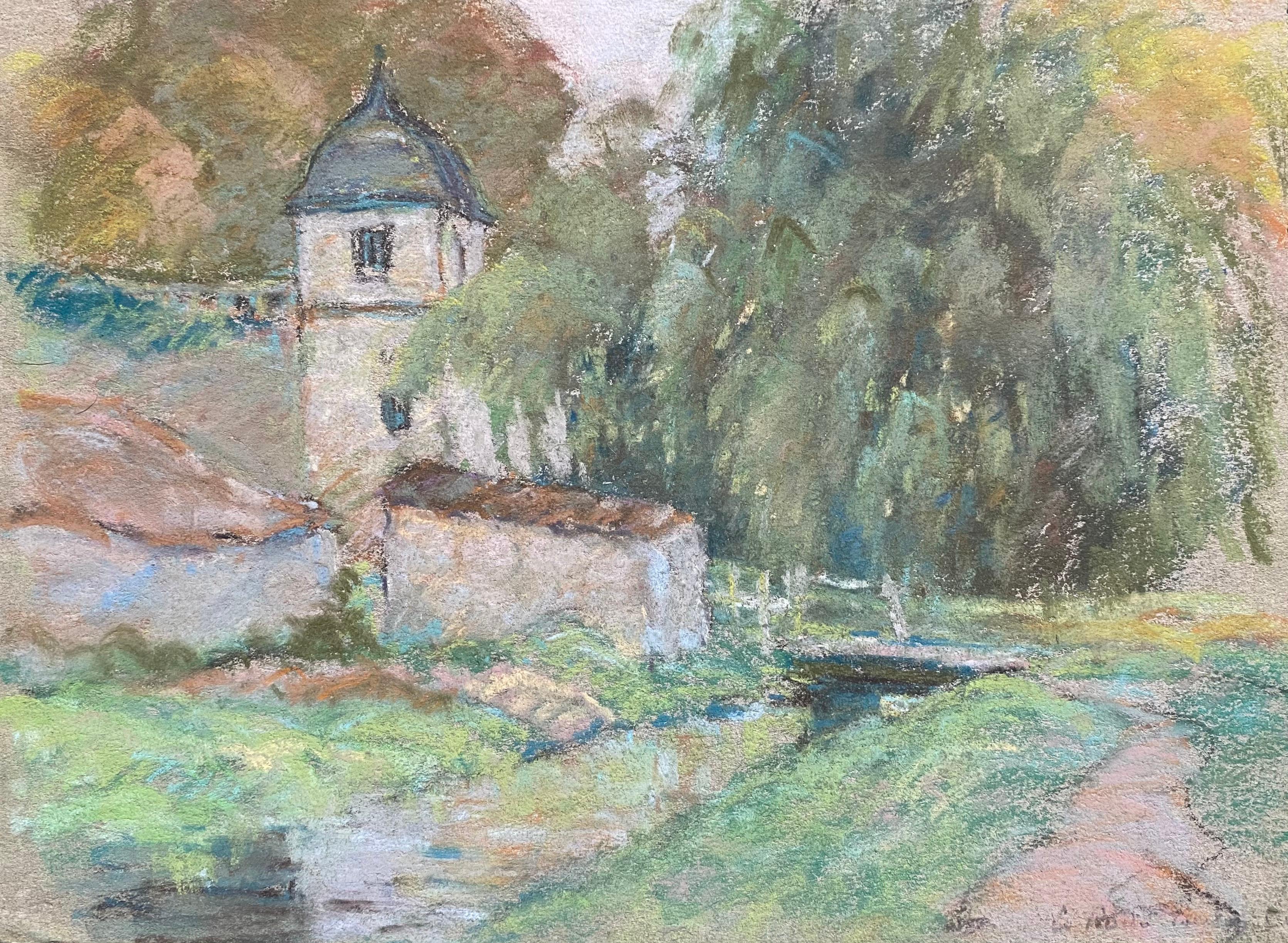 Camille Meriot Landscape Painting - Fine French Impressionist Pastel, Countryside Village Lane River and Trees