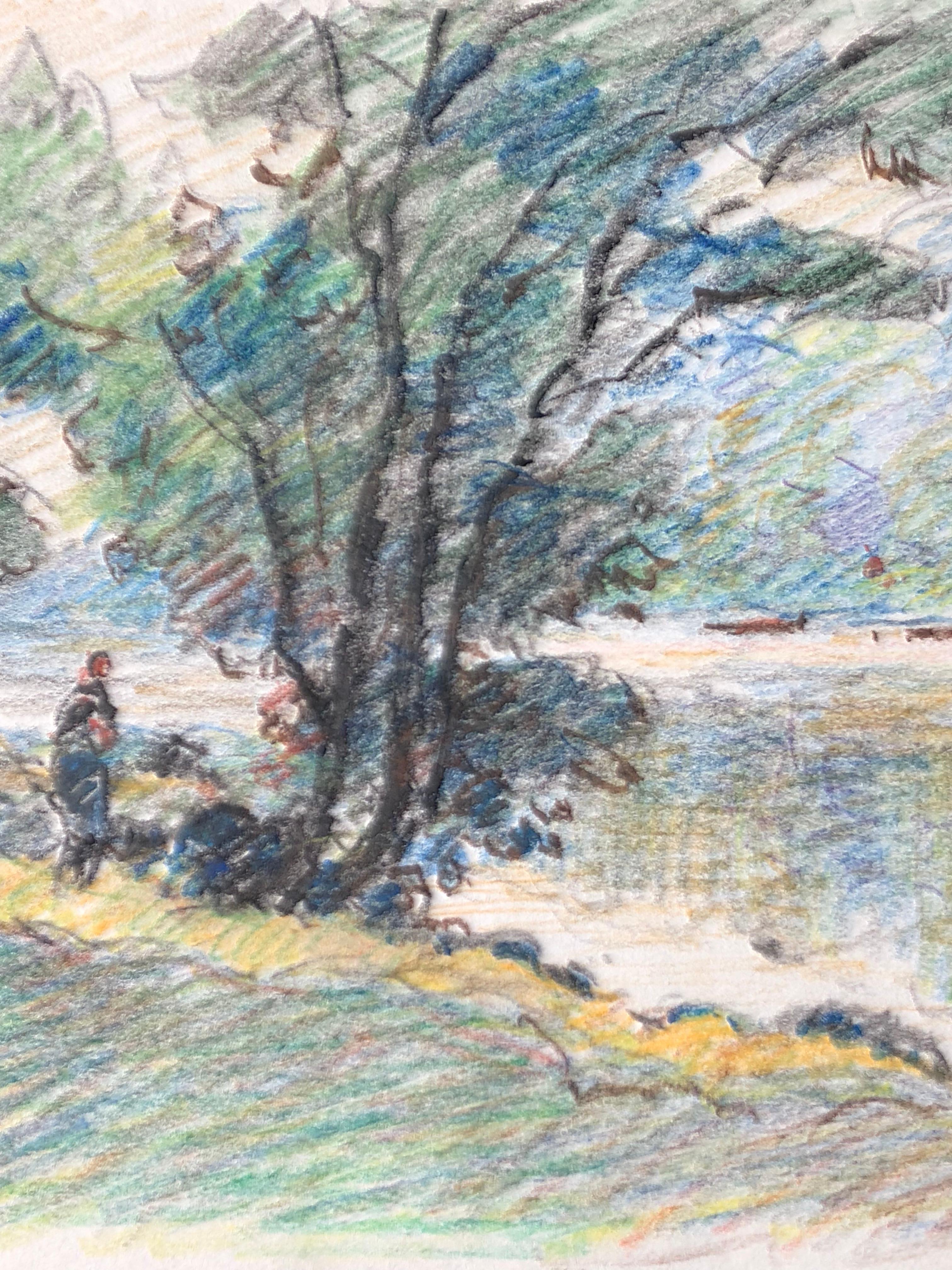 Fisherman by Lake, French Impressionist painting - Painting by Camille Meriot