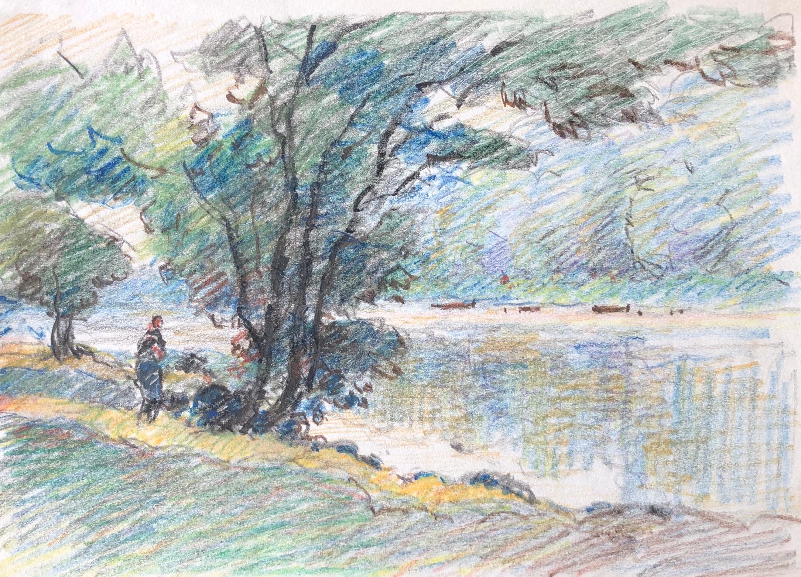 Camille Meriot Landscape Painting - Fisherman by Lake, French Impressionist painting
