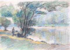 Fisherman by Lake, French Impressionist painting