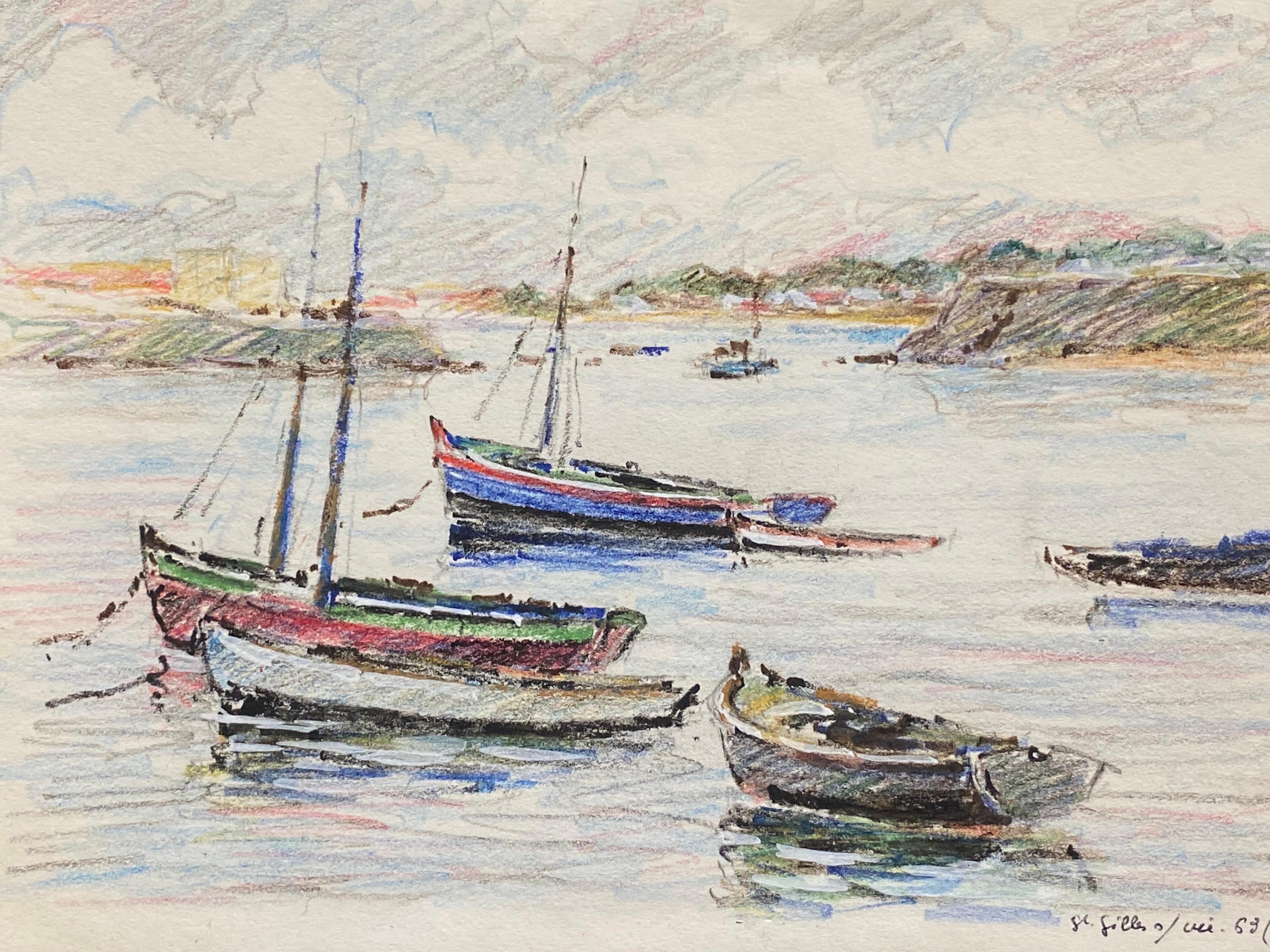 Barche a vela ormeggiate in mare, disegno a pastello impressionista francese firmato - Art di Camille Meriot