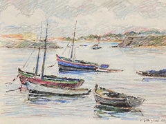 Barcos de vela amarrados en el mar, Dibujo a lápiz impresionista francés firmado