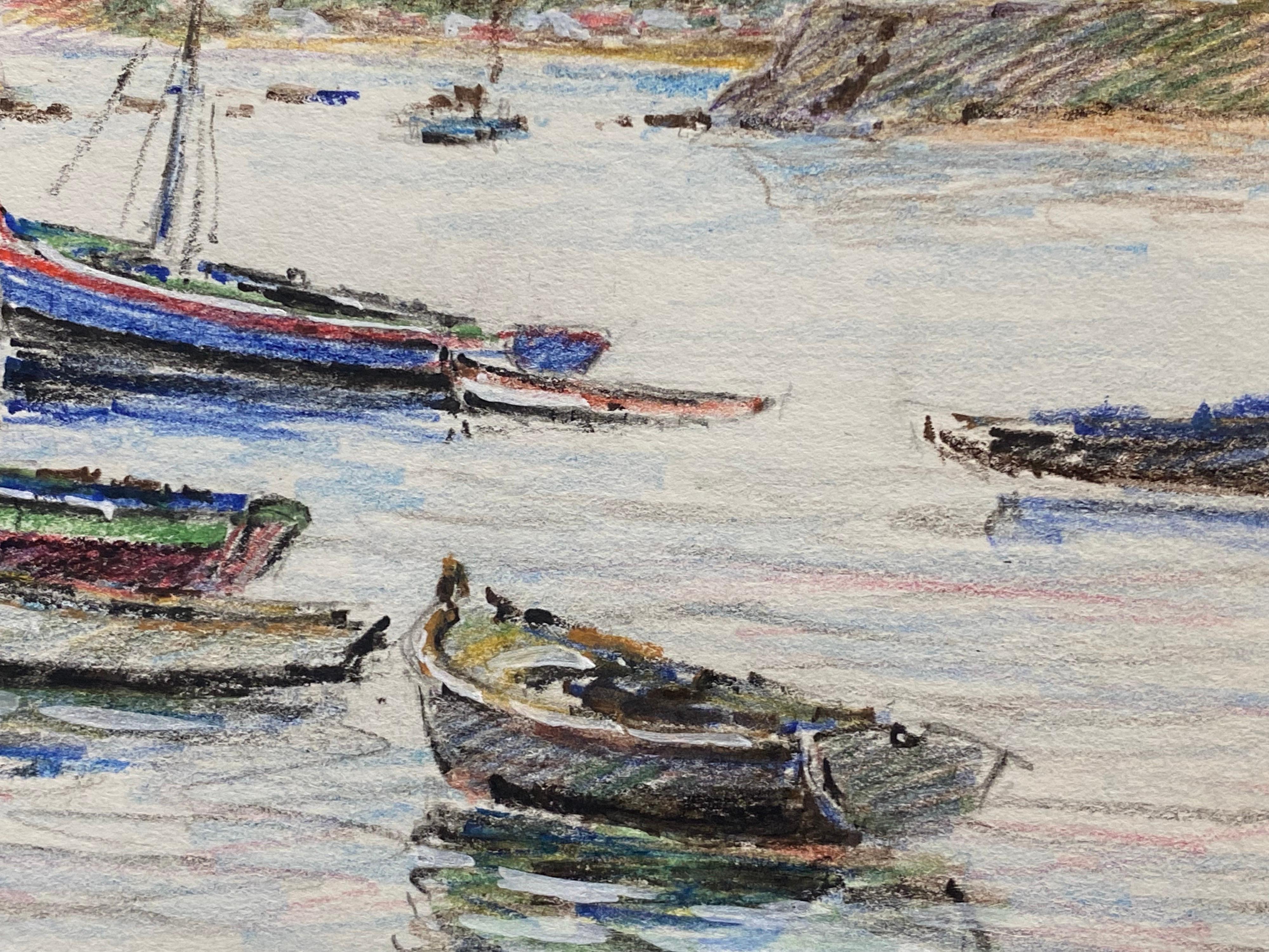 Barche a vela ormeggiate in mare, disegno a pastello impressionista francese firmato - Landscape Art Beige di Camille Meriot