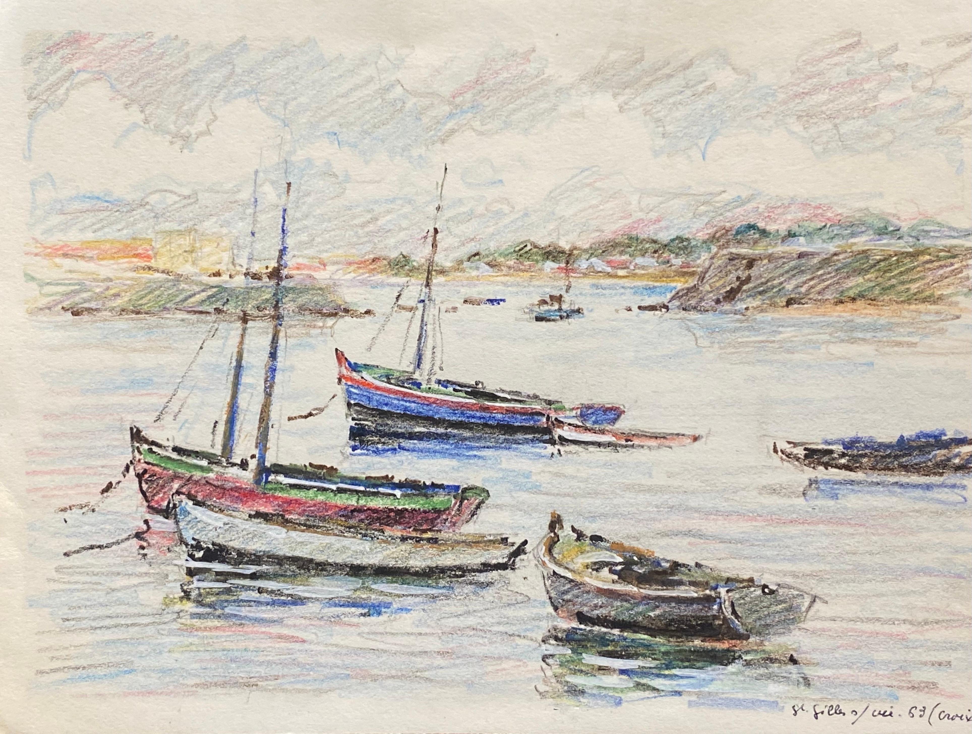 Sailing Boats moored at Sea, French Signed Impressionist Crayon Drawing
