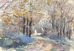 Retro The Woodland Cottage, French Signed Impressionist Gouache Painting