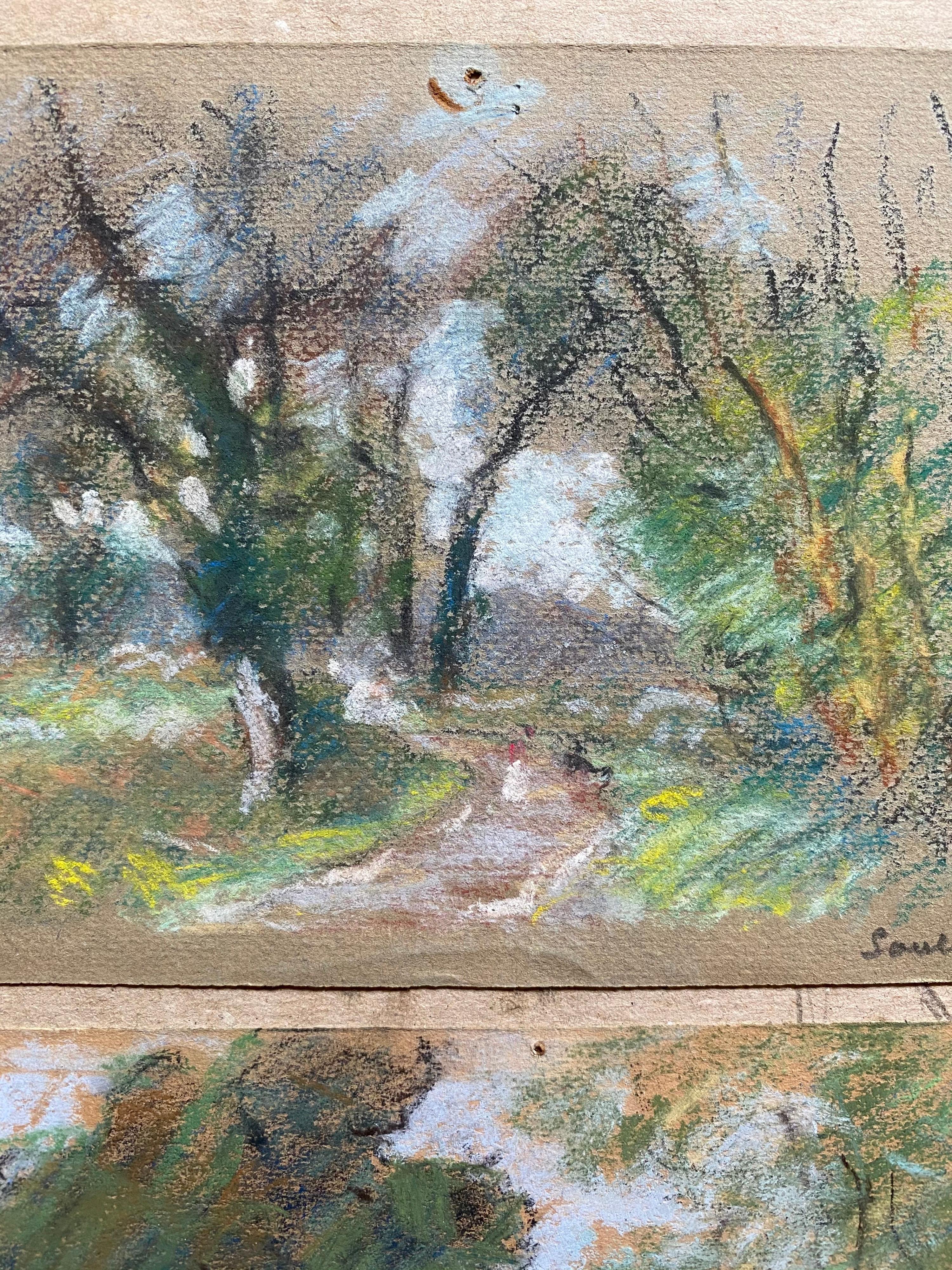 Dos Antiguos Cuadros Impresionistas Franceses al Pastel Paisajes Iluminados por el Sol en venta 1