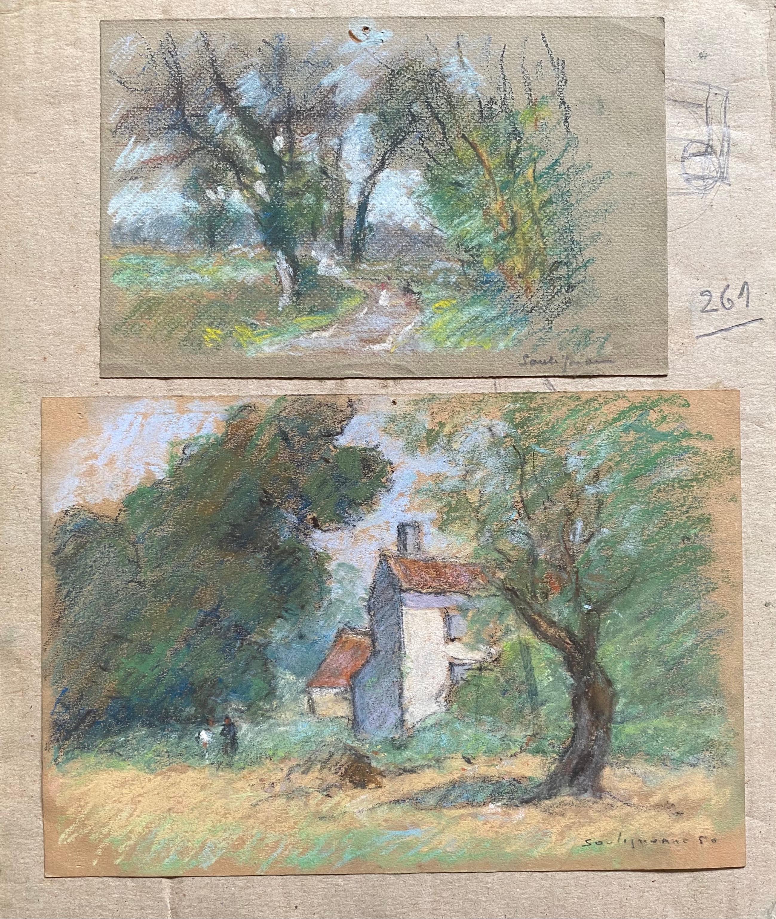 Camille Meriot Landscape Painting - Two Antique Pastel French Impressionist Paintings Sunlit Landscapes