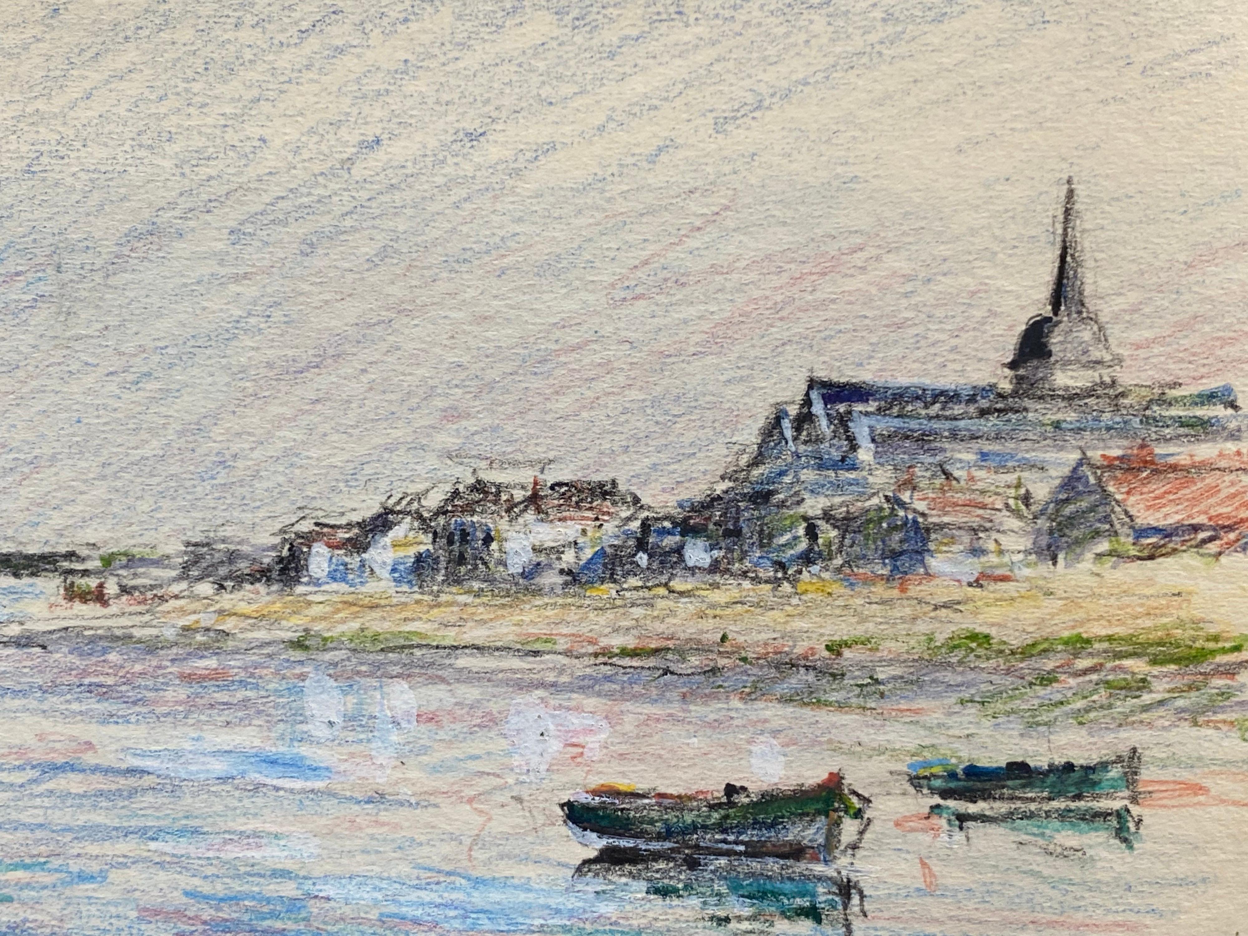 Vintage French Signed Impressionist Crayon Drawing Brittany Coastline Boats - Painting by Camille Meriot