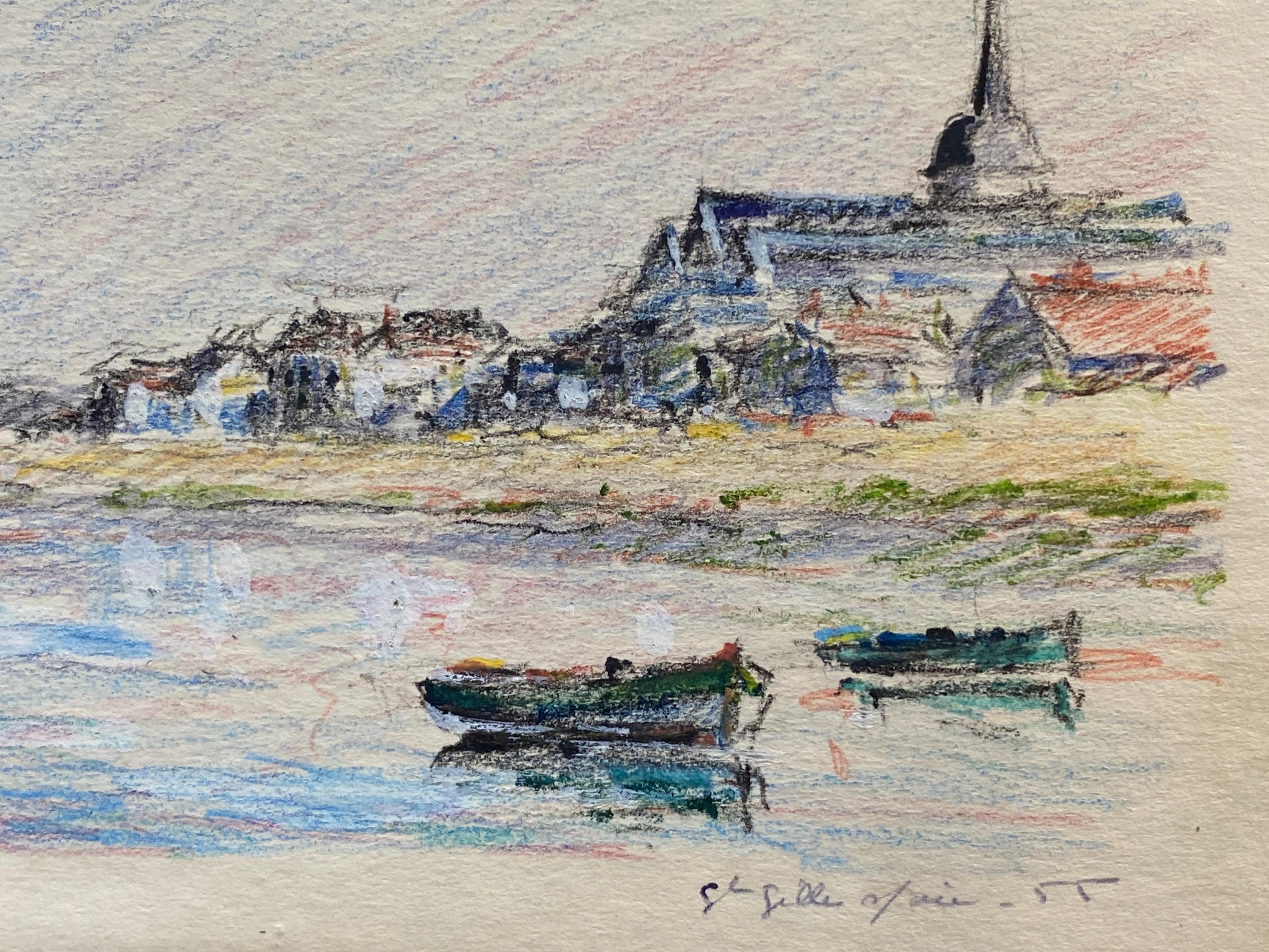 Vintage French Signed Impressionist Crayon Drawing Brittany Coastline Boats - Gray Landscape Painting by Camille Meriot