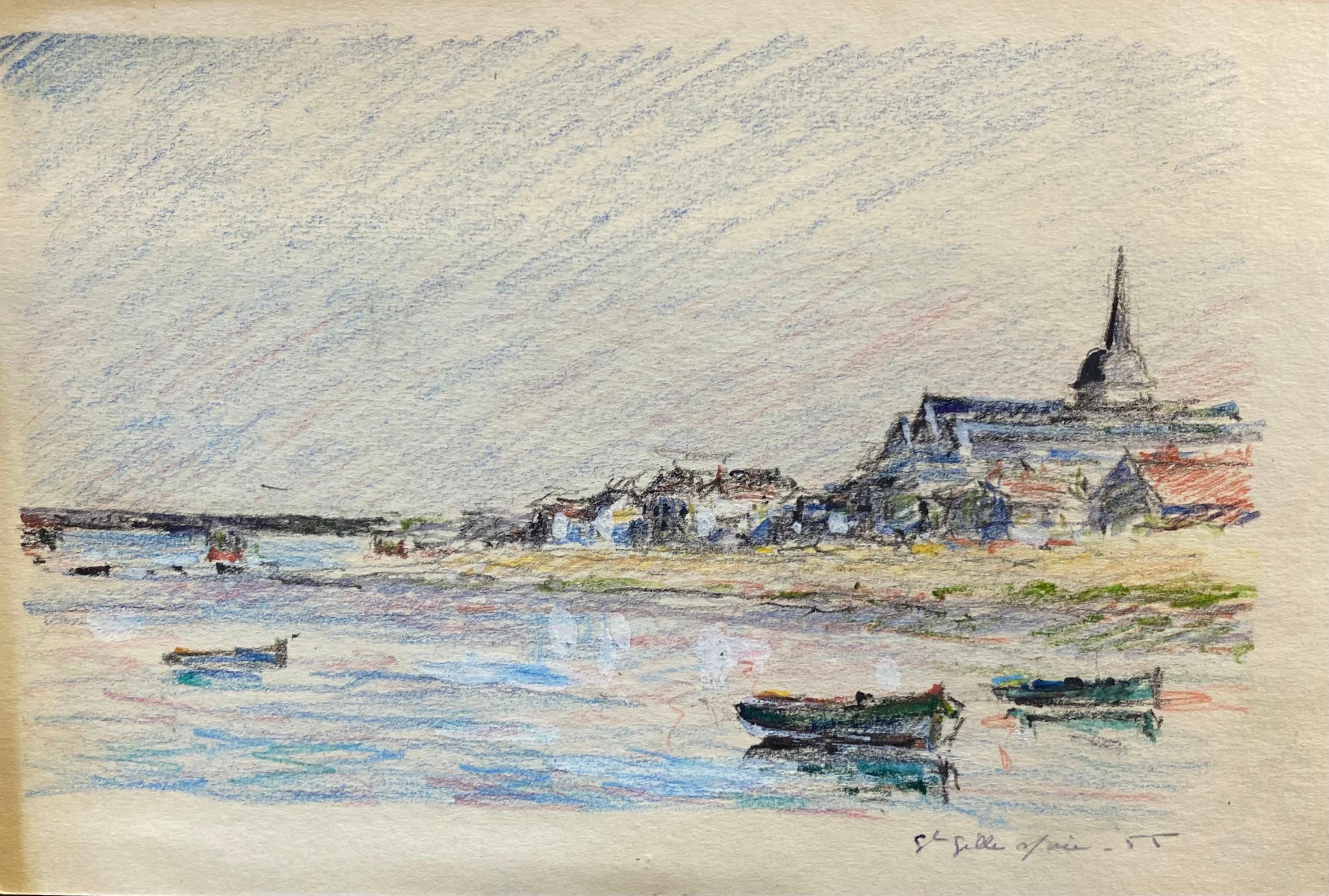 Camille Meriot Landscape Painting - Vintage French Signed Impressionist Crayon Drawing Brittany Coastline Boats