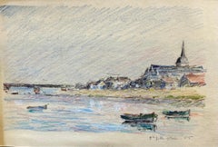 Retro French Signed Impressionist Crayon Drawing Brittany Coastline Boats