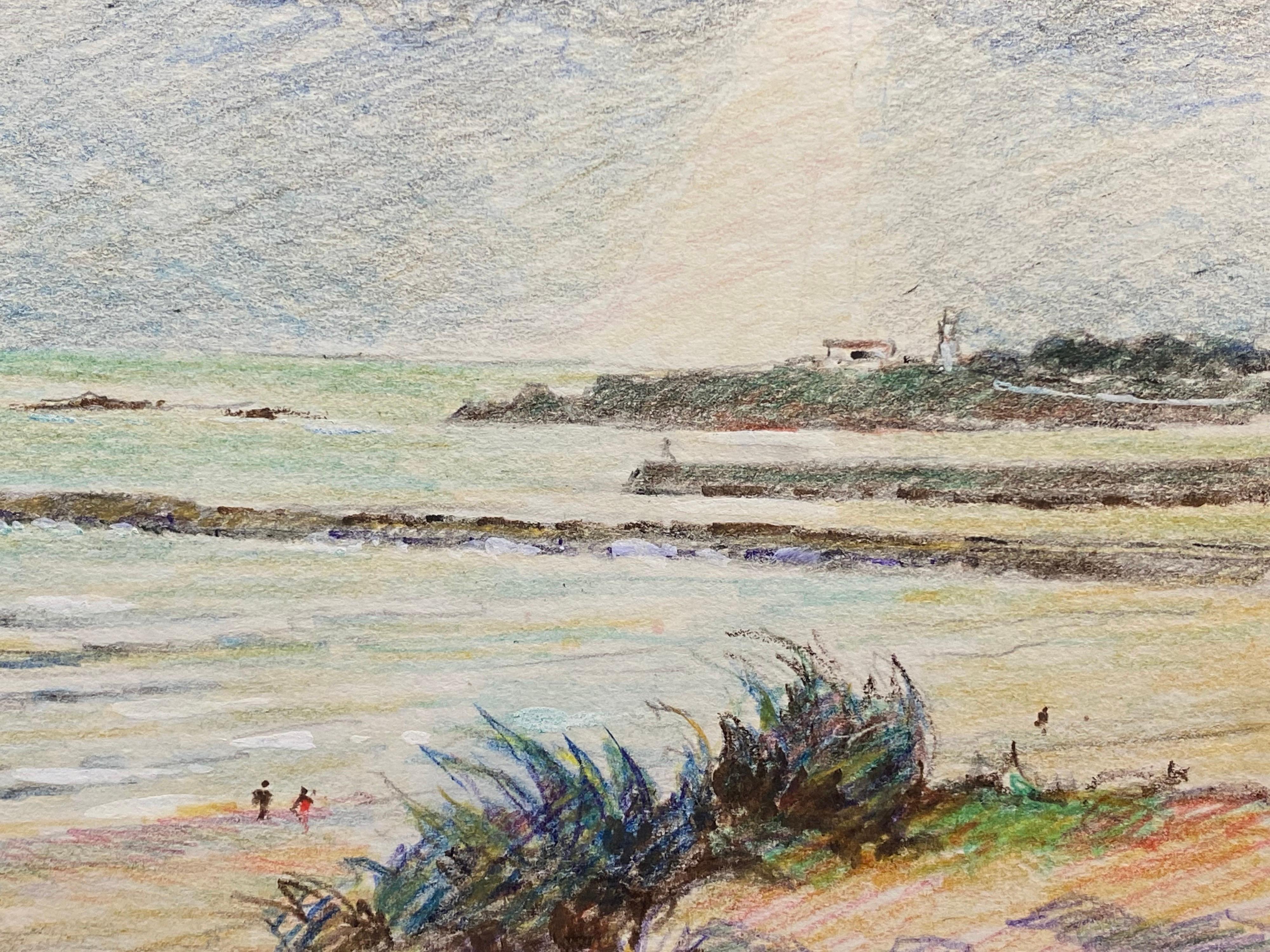 Drawing crayon impressionniste français vintage français signé - Paysage marin en Bretagne côtière - Art de Camille Meriot