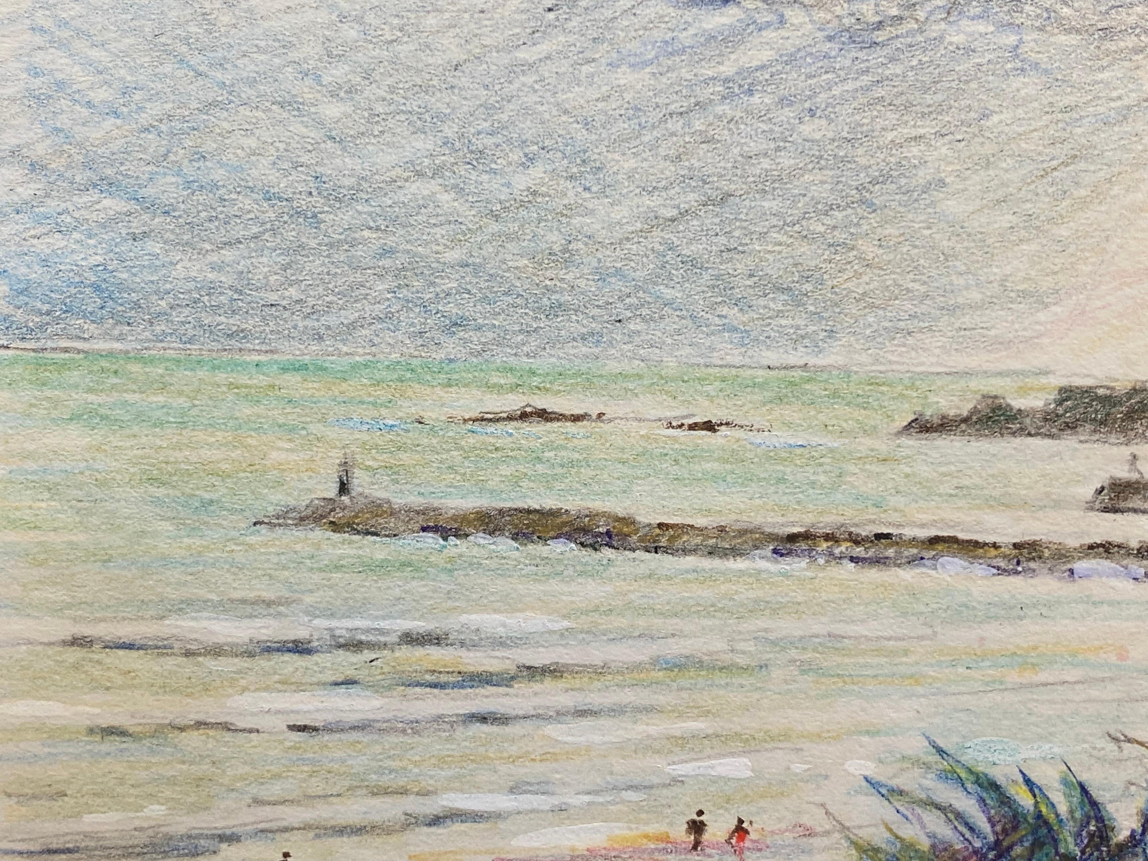 Drawing crayon impressionniste français vintage français signé - Paysage marin en Bretagne côtière - Impressionnisme Art par Camille Meriot
