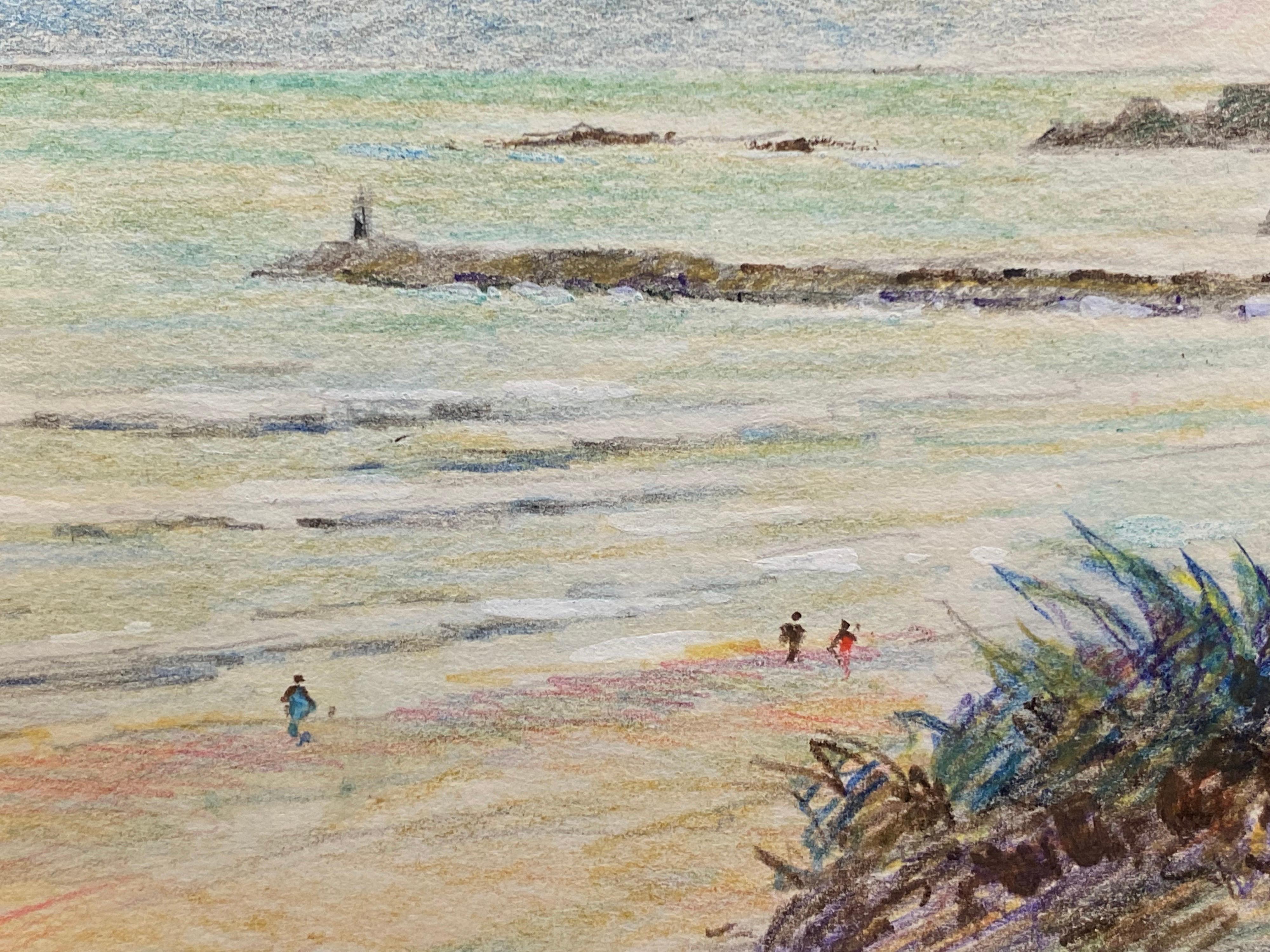 Drawing crayon impressionniste français vintage français signé - Paysage marin en Bretagne côtière - Beige Landscape Art par Camille Meriot