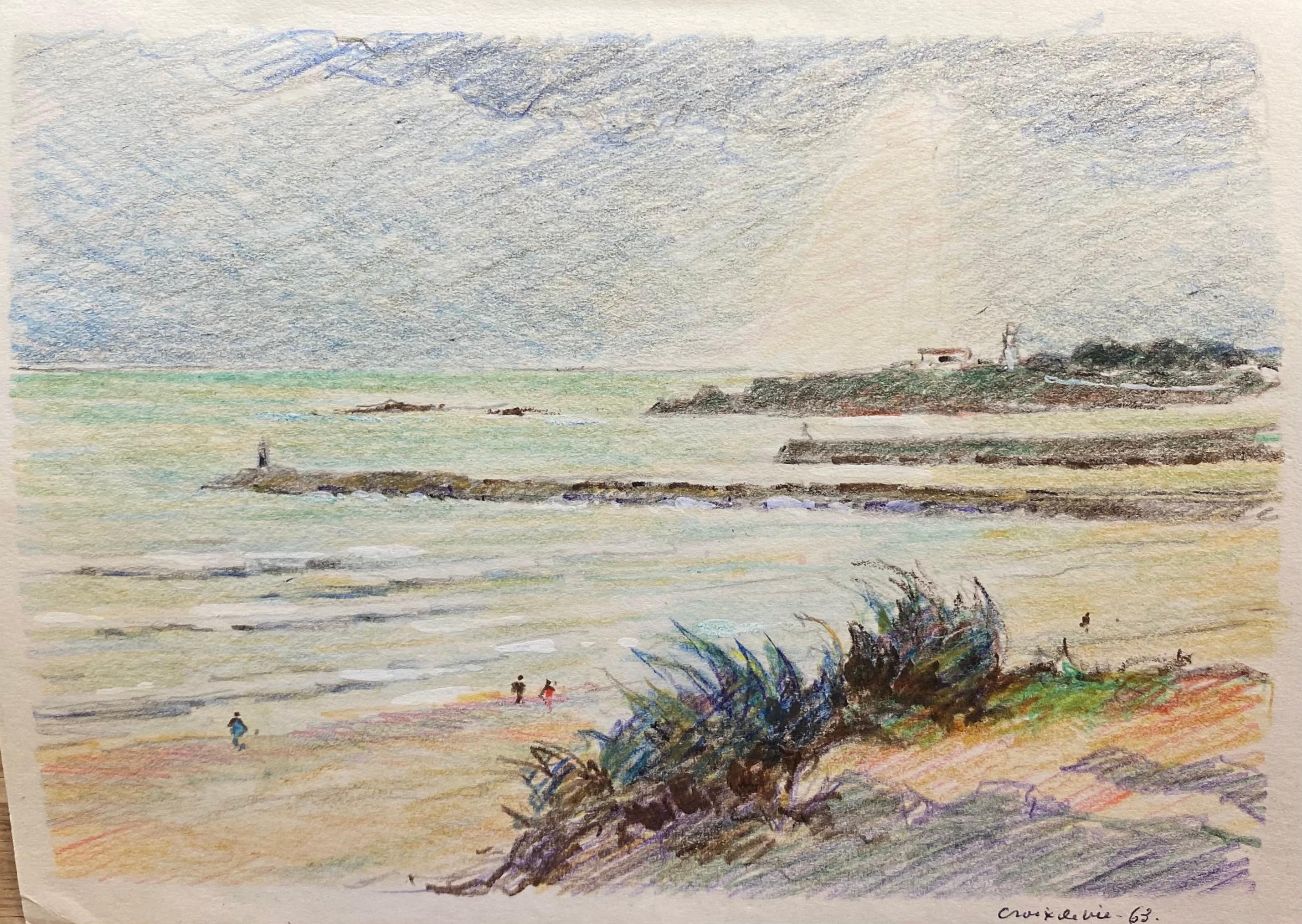 Camille Meriot Landscape Art - Vintage French Signed Impressionist Crayon Drawing Brittany Coastline Seascape