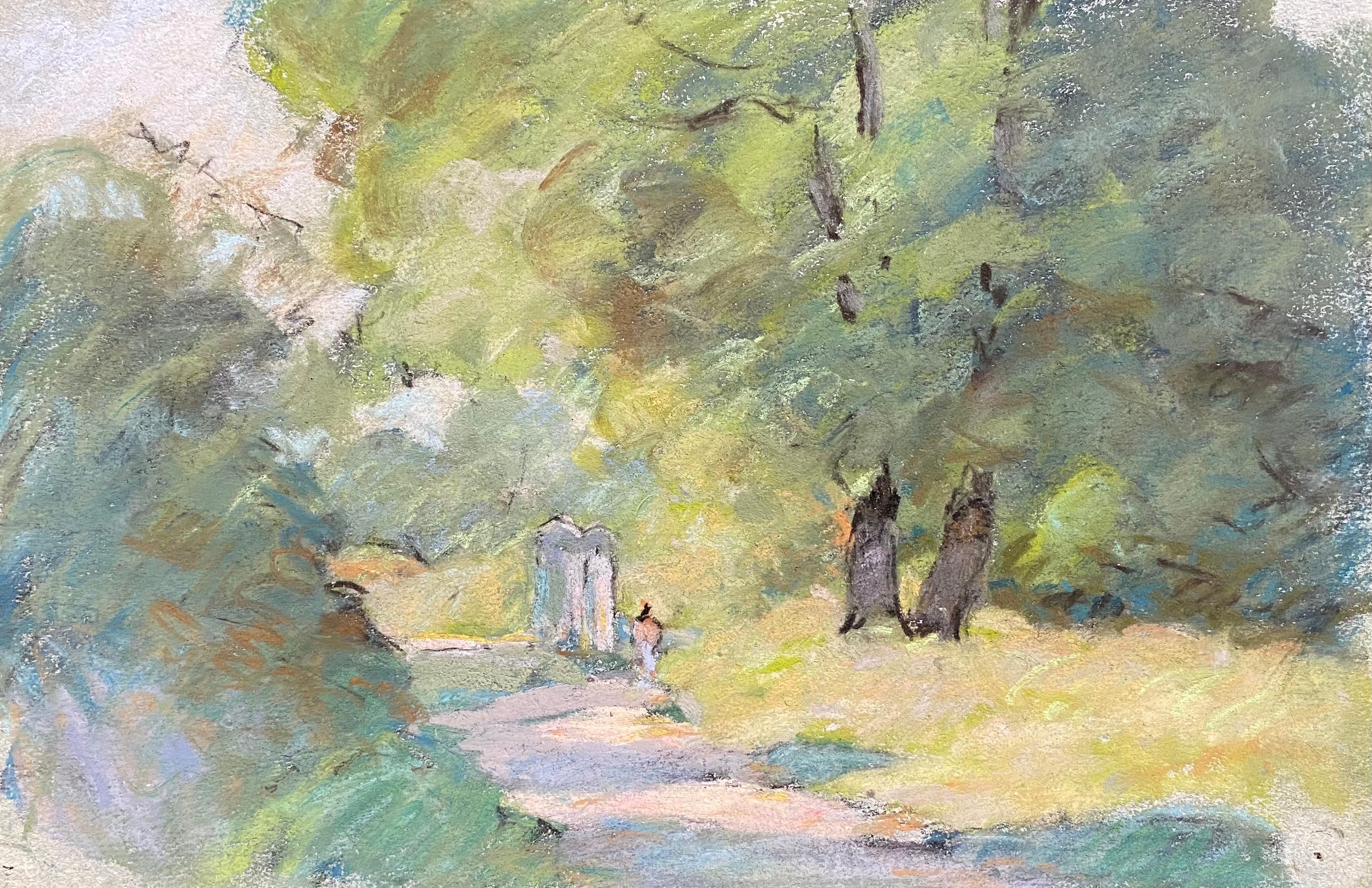 Camille Meriot, Impressionista francese a pastello, campagna illuminata dal sole, vicolo tranquillo