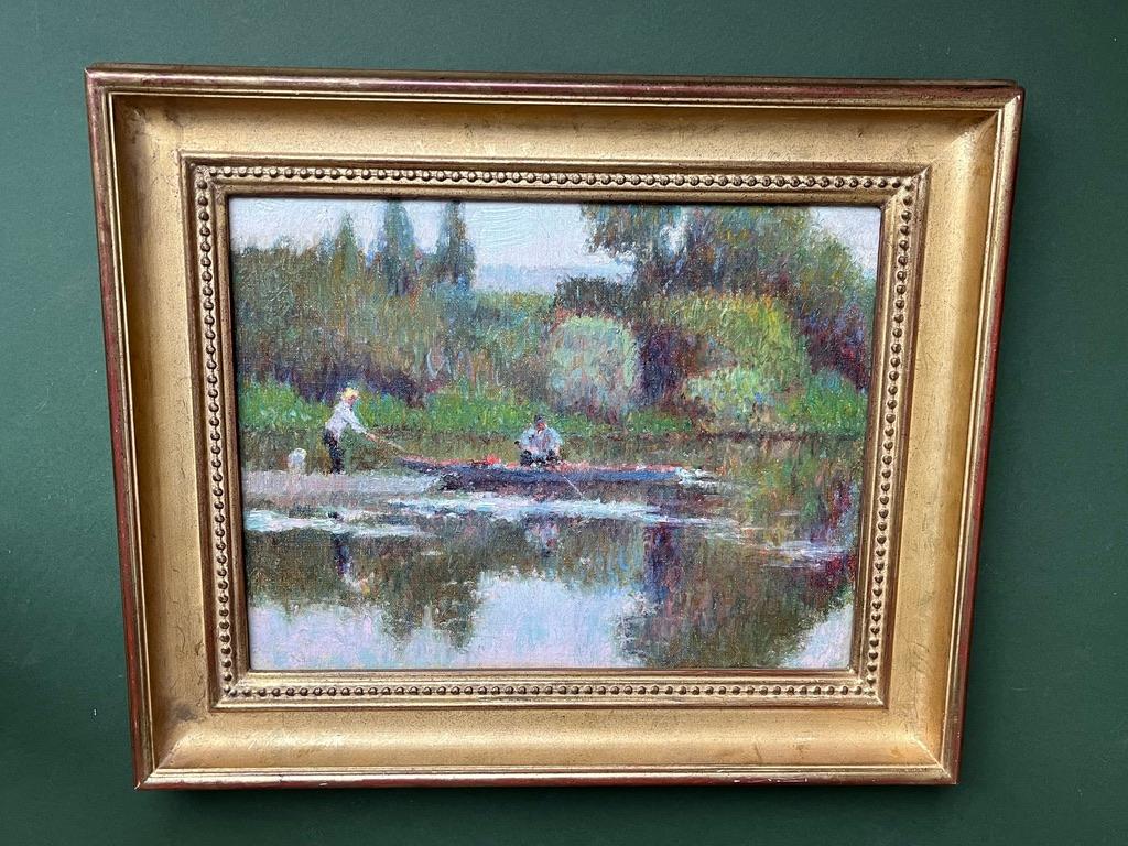 Circle of Camille Pissarro, French Impressionist painting of figures on a river 9