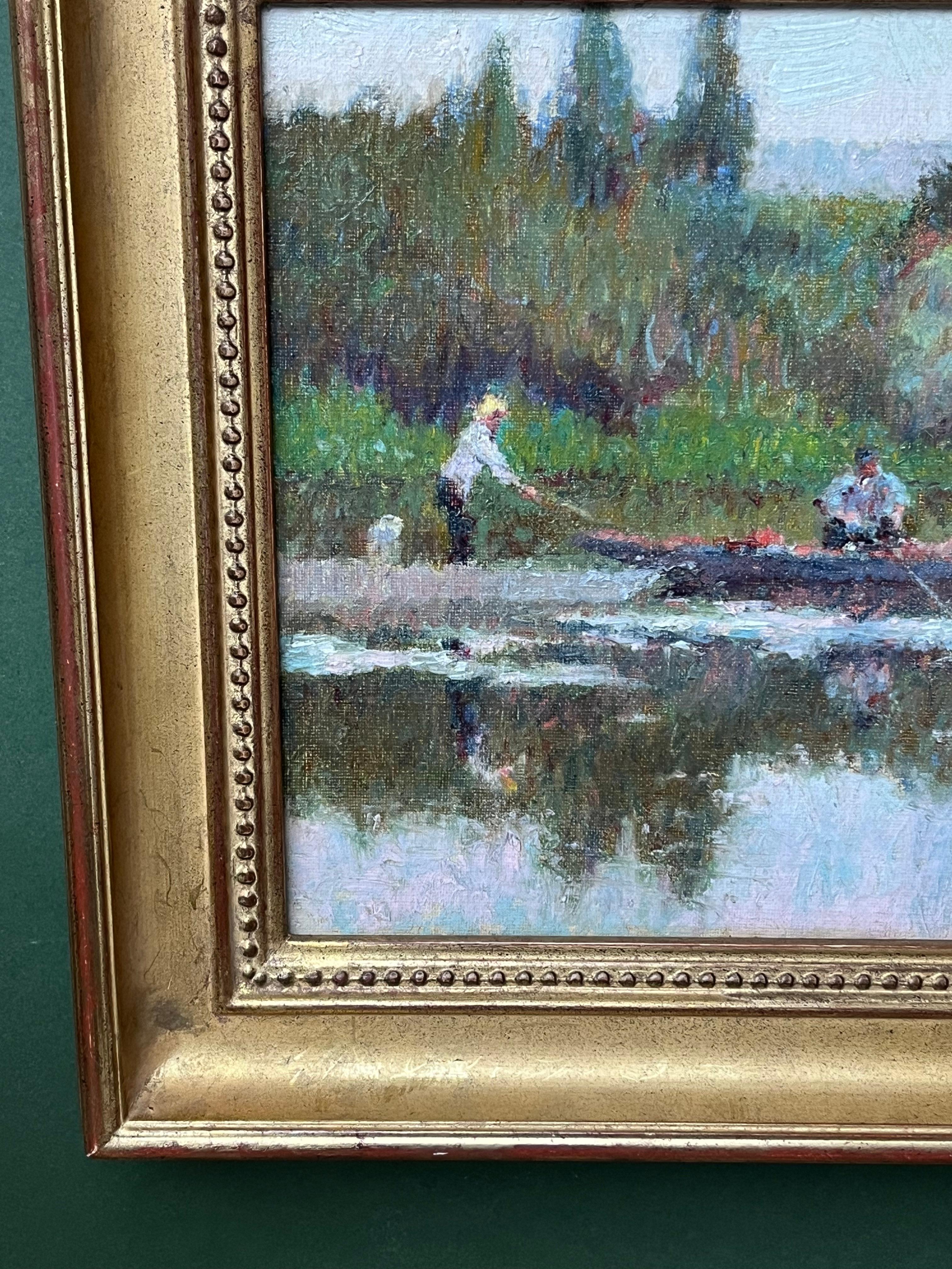 Circle of Camille Pissarro, French Impressionist painting of figures on a river 2