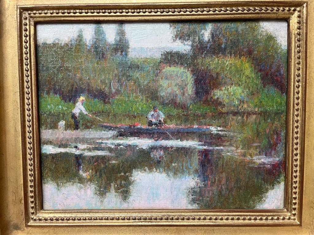 Circle of Camille Pissarro, French Impressionist painting of figures on a river 3