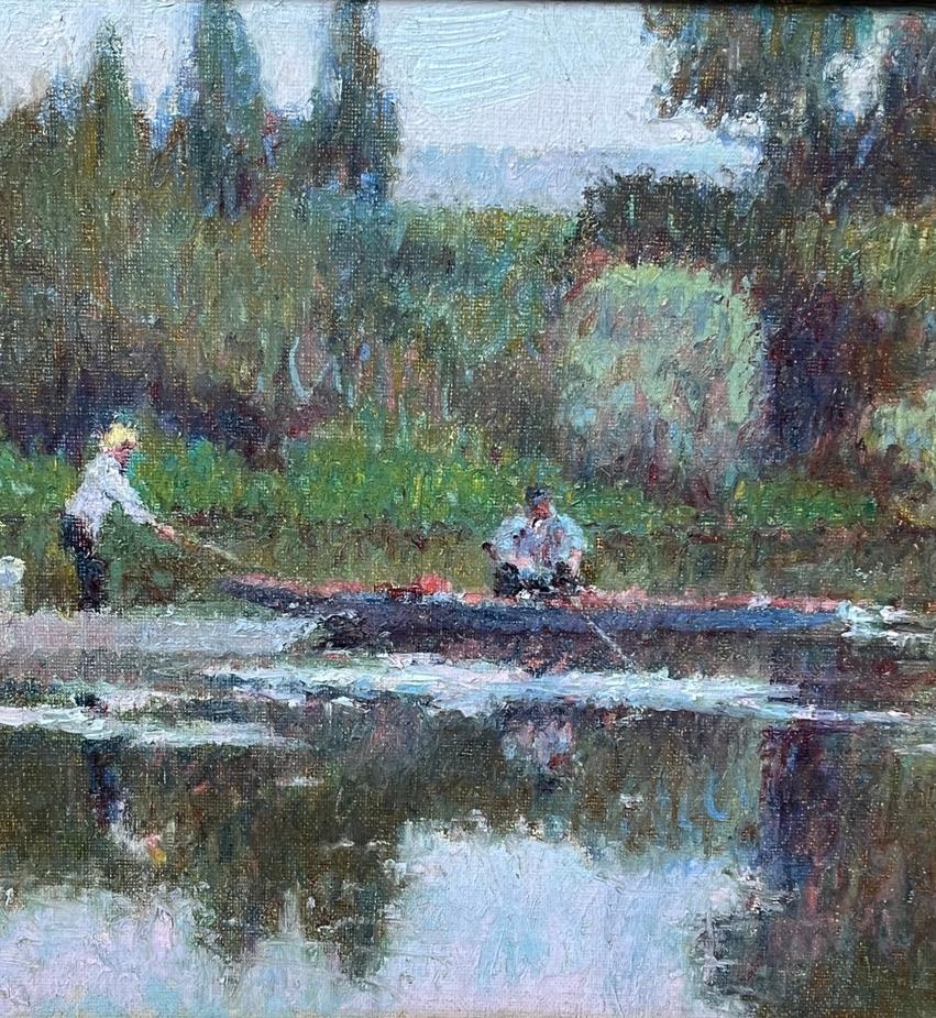 Circle of Camille Pissarro, French Impressionist painting of figures on a river 4