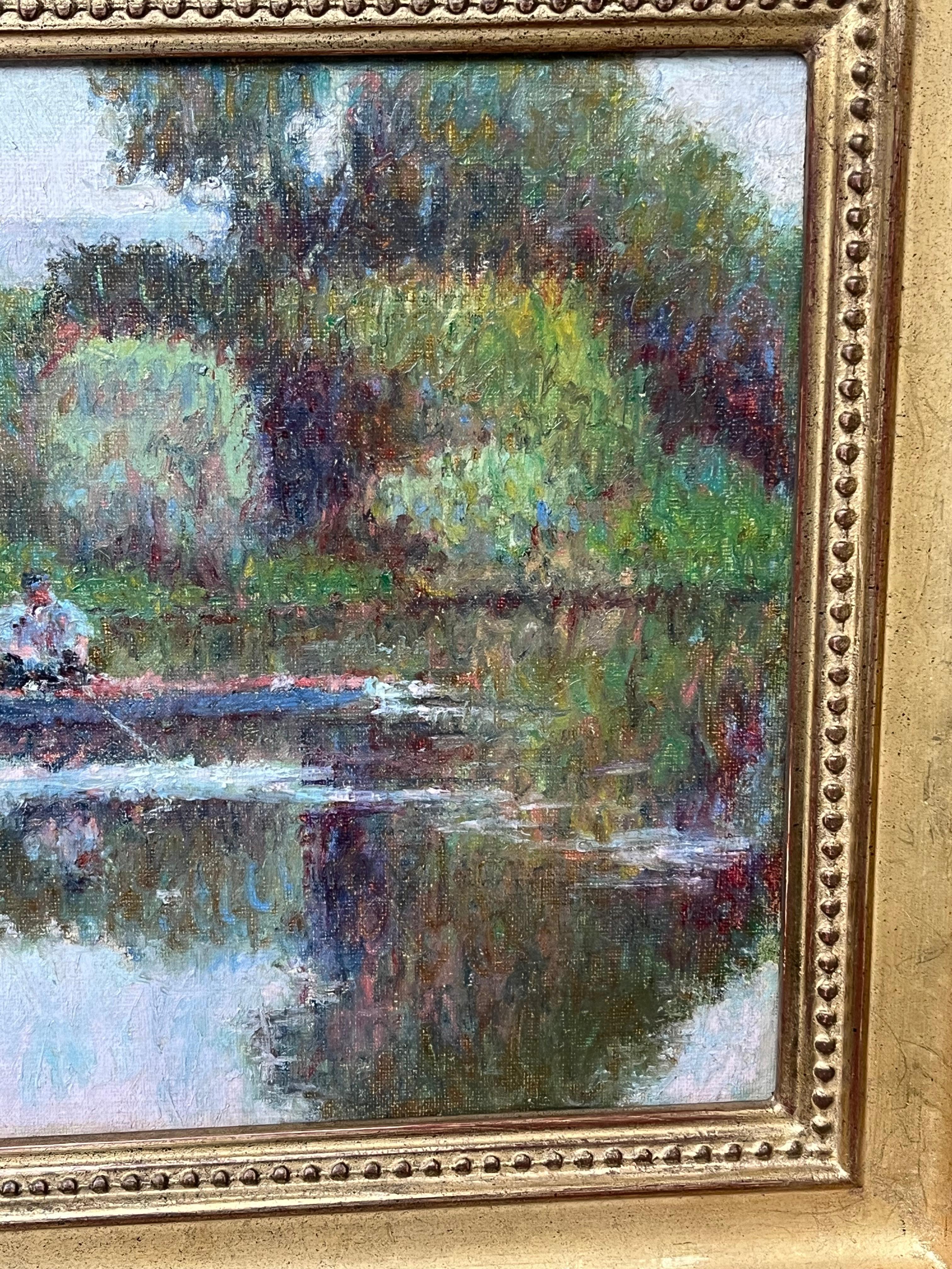 Circle of Camille Pissarro, French Impressionist painting of figures on a river 5
