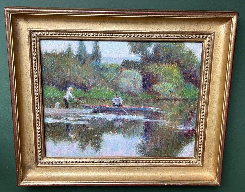 Circle of Camille Pissarro, French Impressionist painting of figures on a river 6