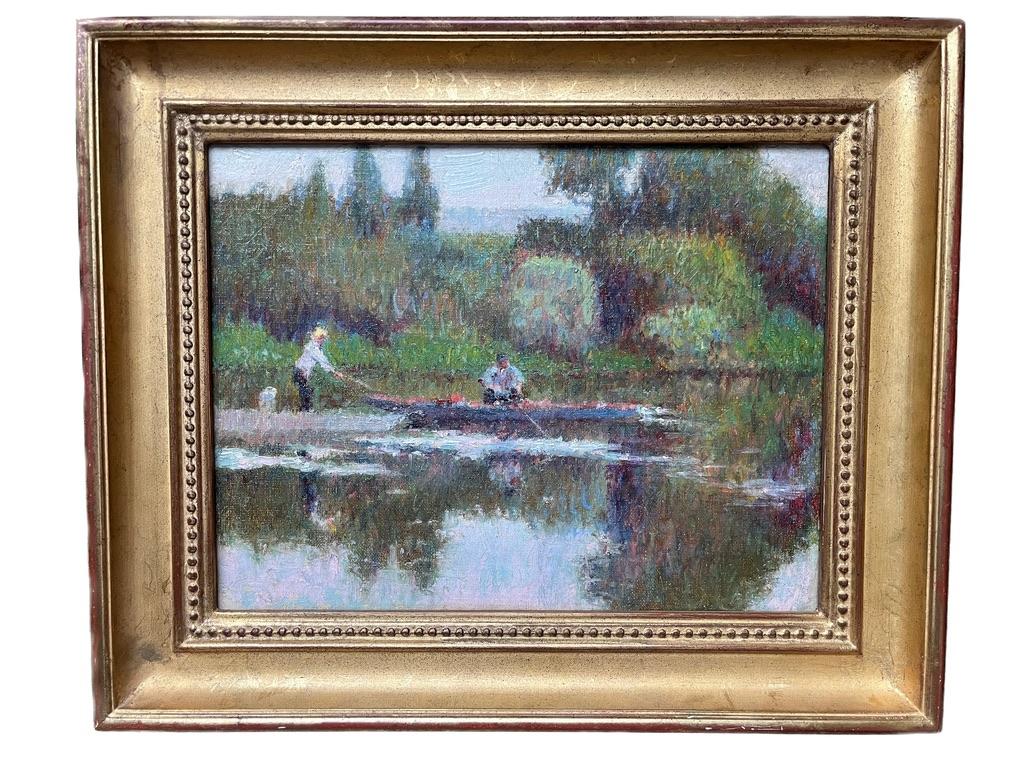 A really charming impressionistic view of figures fishing on a river, painted with the most attractive brushstrokes and a pastel-hued palette. In very good, ready to hang condition and in the style and period of Camille Pissarro and his fellow
