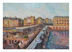 Pont Neuf, After Pissarro - MidCent. French Impressionist Paris Street Scene