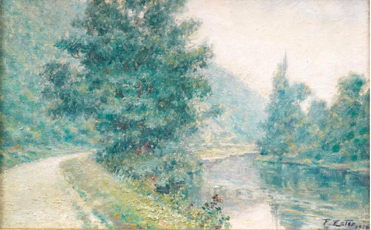 Summer Trees by River and path - Painting by Camille Pissarro