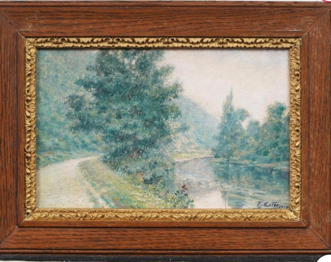 Summer Trees by River and path - Impressionist Painting by Camille Pissarro
