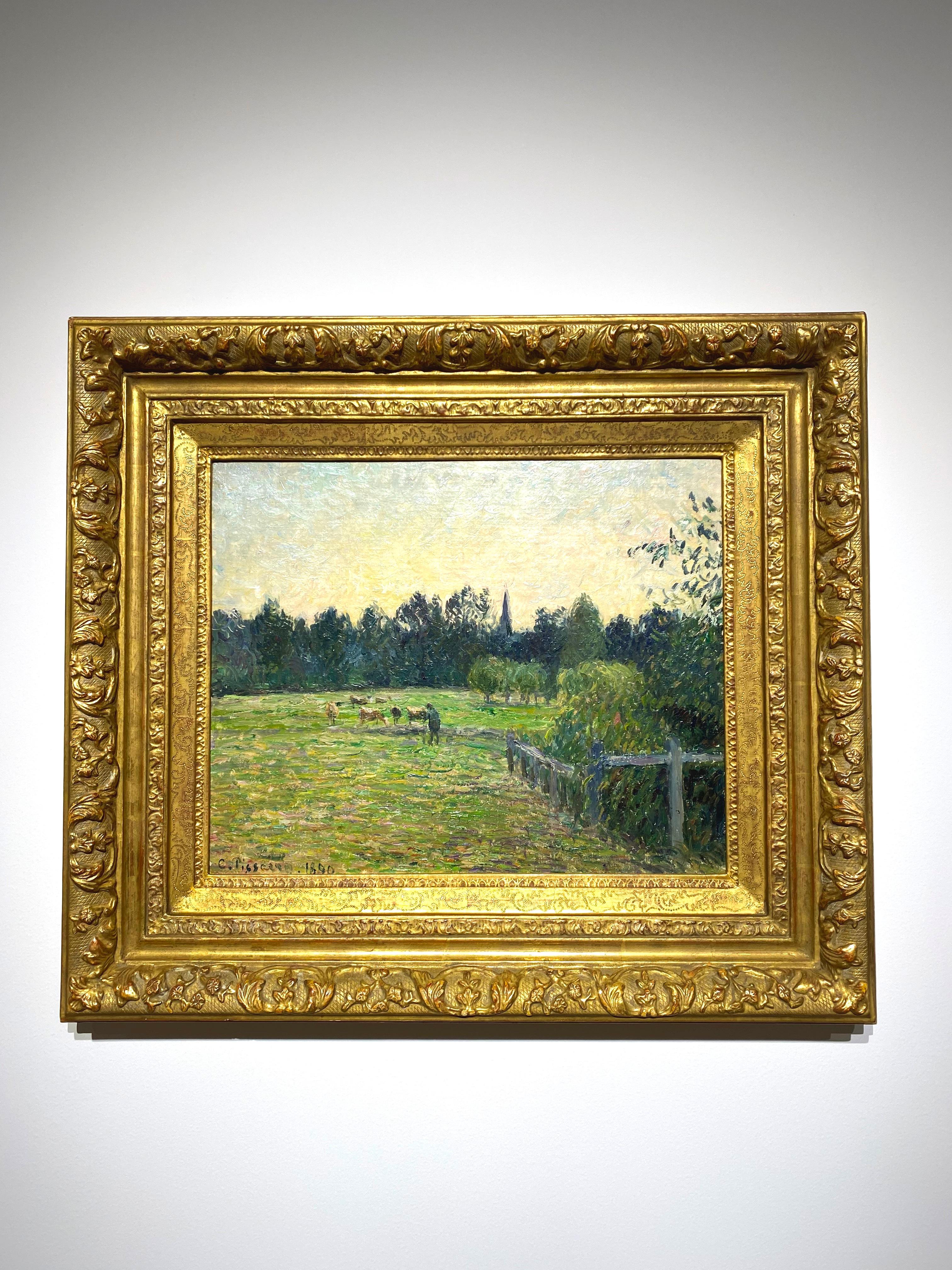 CAMILLE PISSARRO 
French, 1830–1903

Vacher dans un pré à Éragny (Cowherd in a Meadow at Éragny), 1890
Signed and dated lower left
Oil on canvas
15” x 18-1/4” unframed
24” x 27” framed

The painting is housed in a museum-quality, gilt,