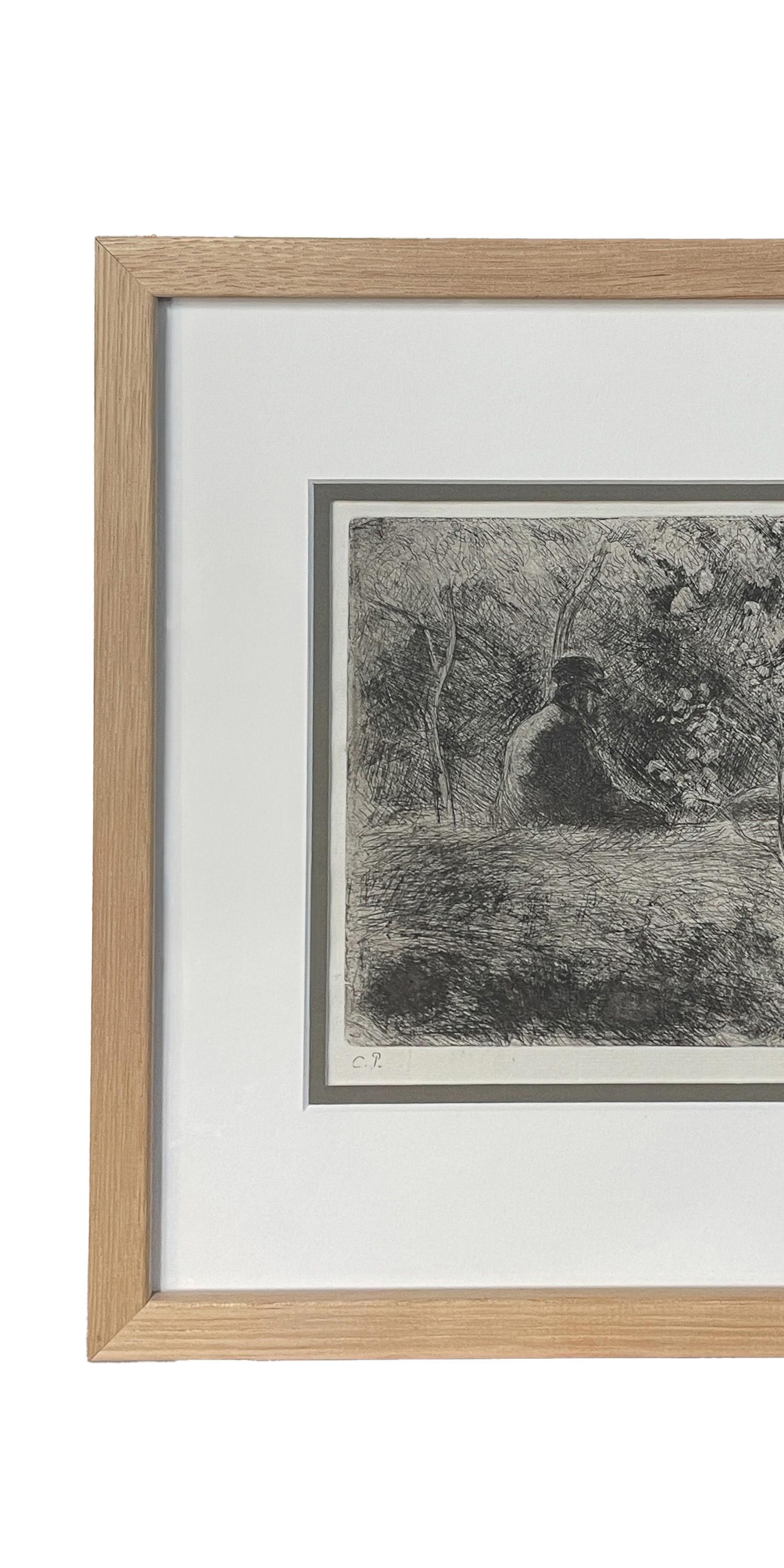 Antike französische Radierung Aquatinta Kaltnadelradierung „Epos du Dimanche dans le Bois“ 5 von 18 – Print von Camille Pissarro