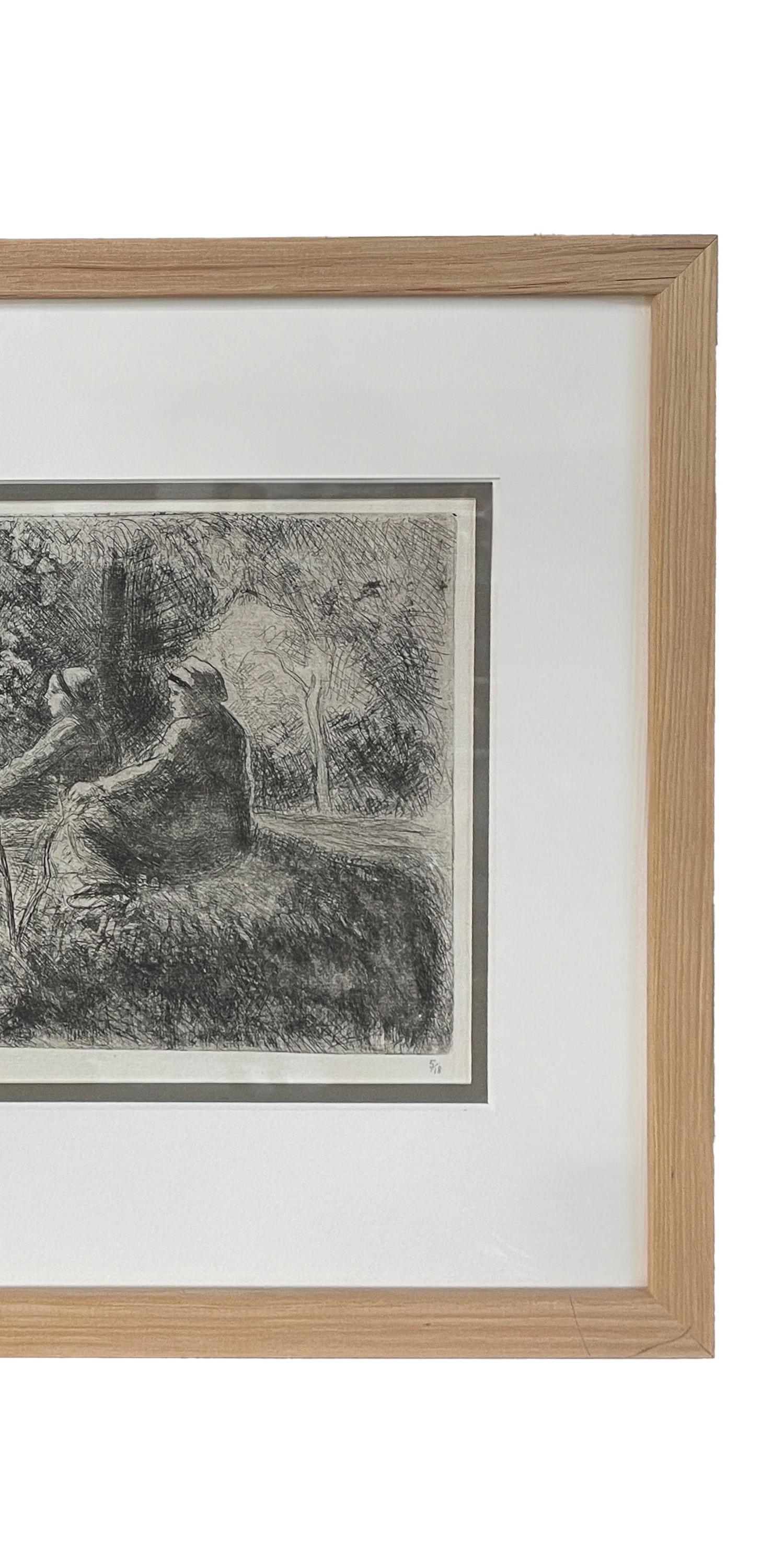 Antike französische Radierung Aquatinta Kaltnadelradierung „Epos du Dimanche dans le Bois“ 5 von 18 (Impressionismus), Print, von Camille Pissarro