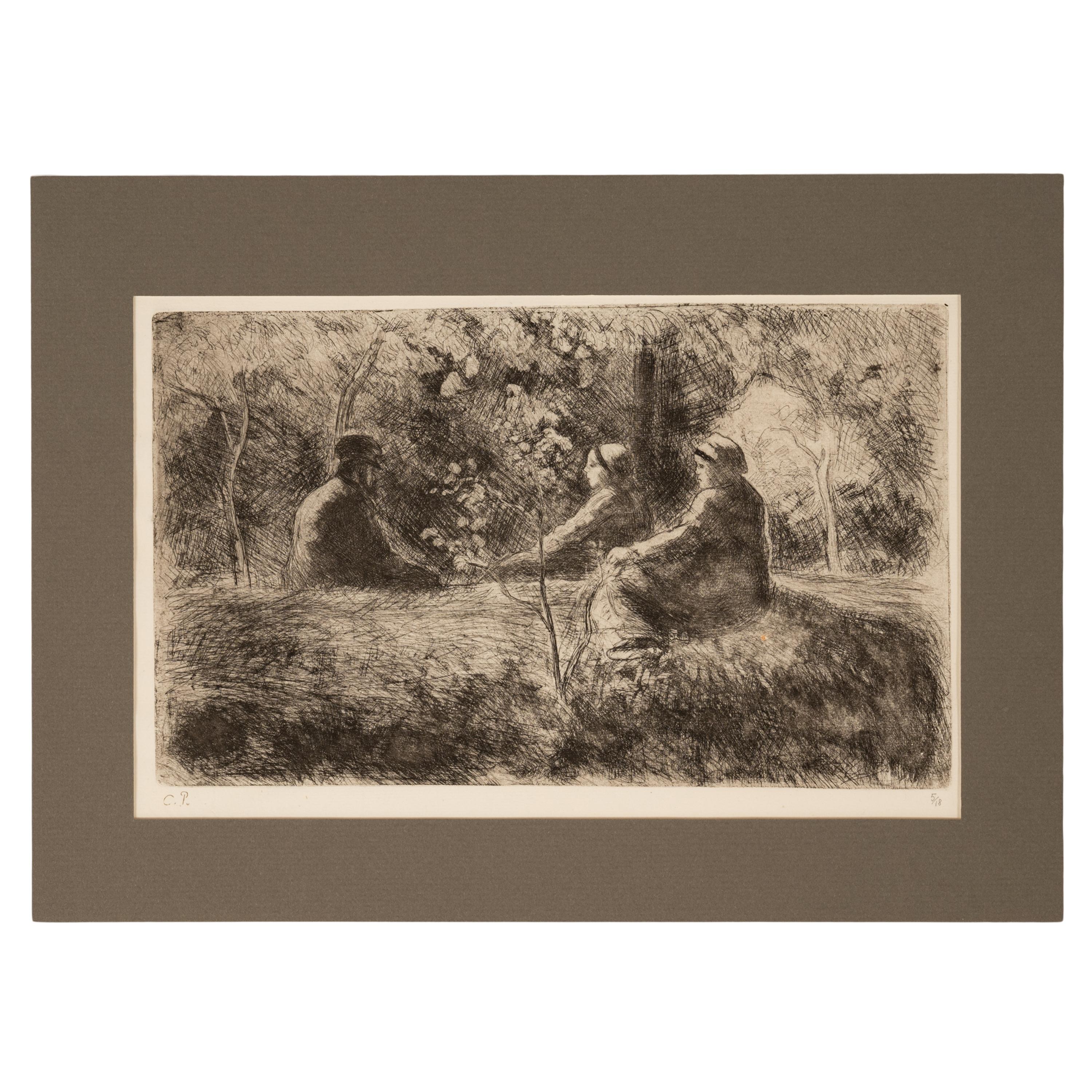 Antike französische Radierung Aquatinta Kaltnadelradierung „Epos du Dimanche dans le Bois“ 5 von 18 (Grau), Figurative Print, von Camille Pissarro