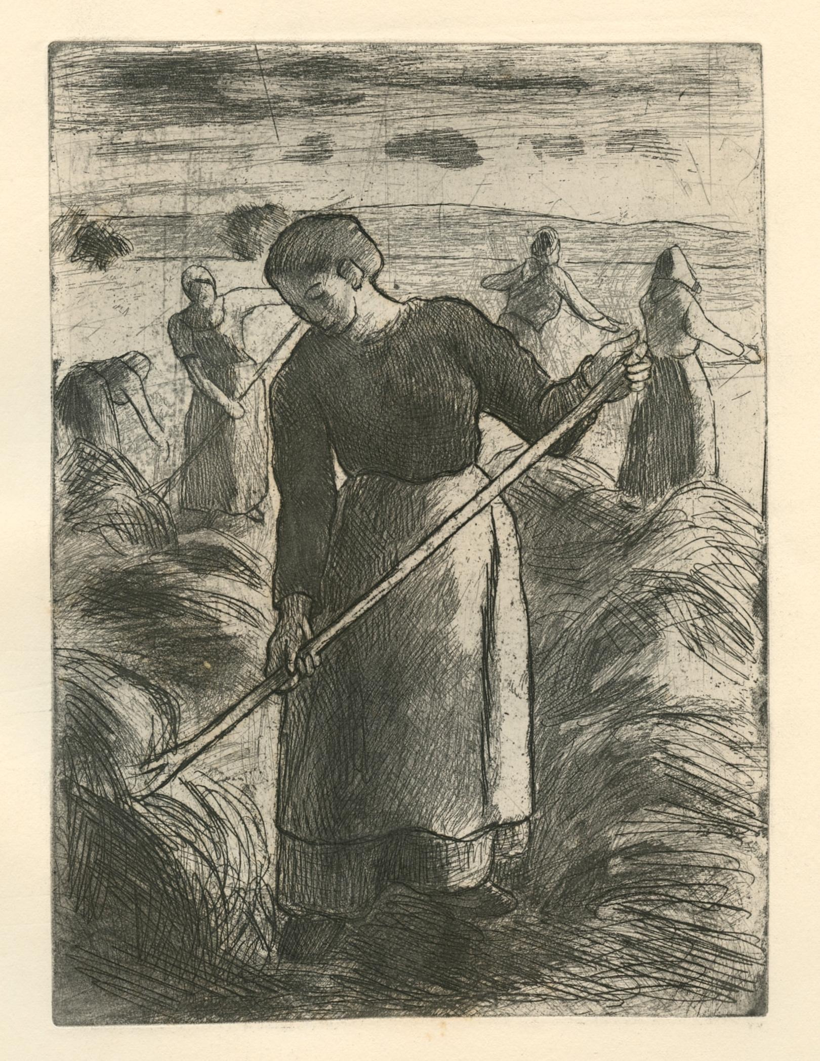"Faneuses d'Eragny" original etching - Print by Camille Pissarro