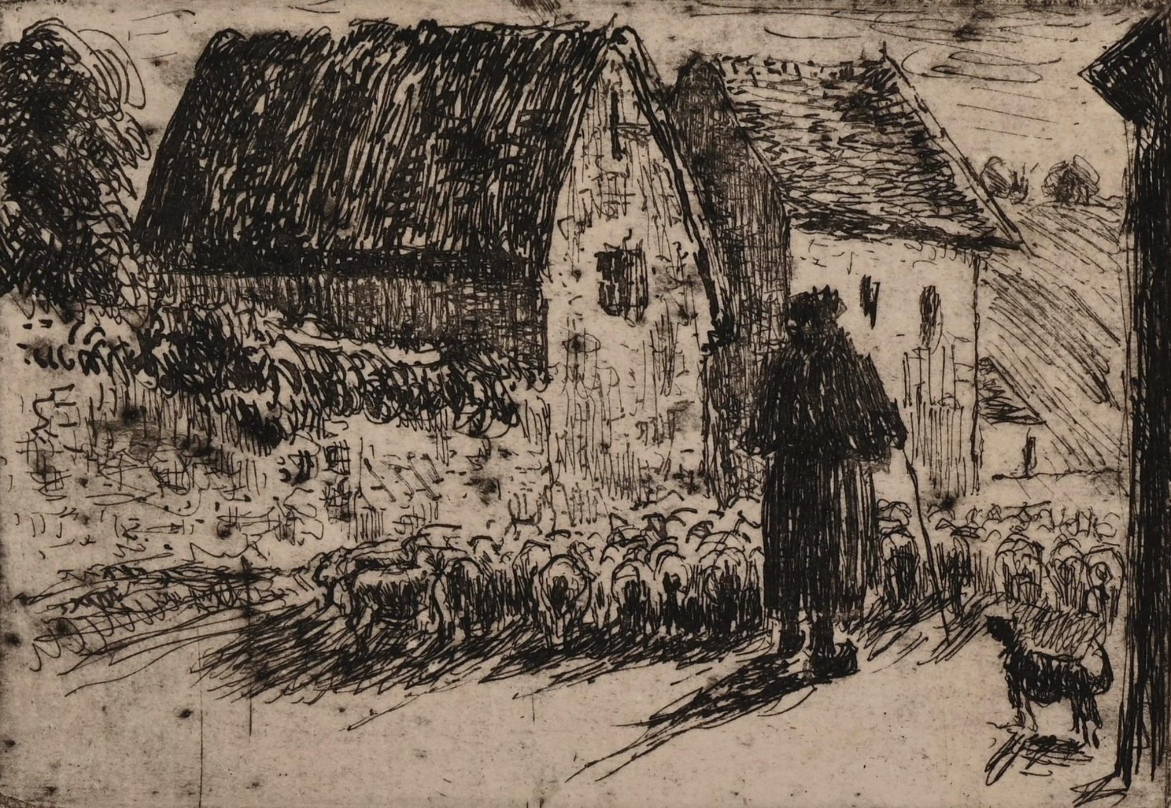 La rentrée du Berger von Camille Pissarro (1830-1903)
Ätzen
7,6 x 10,9 cm (3 x 4 ¹/₄ Zoll)
Links unten mit den Initialen C.P. und rechts unten mit der Nummer 13/18 gestempelt.
Dieses Werk wurde 1889 geschaffen und später in einer limitierten