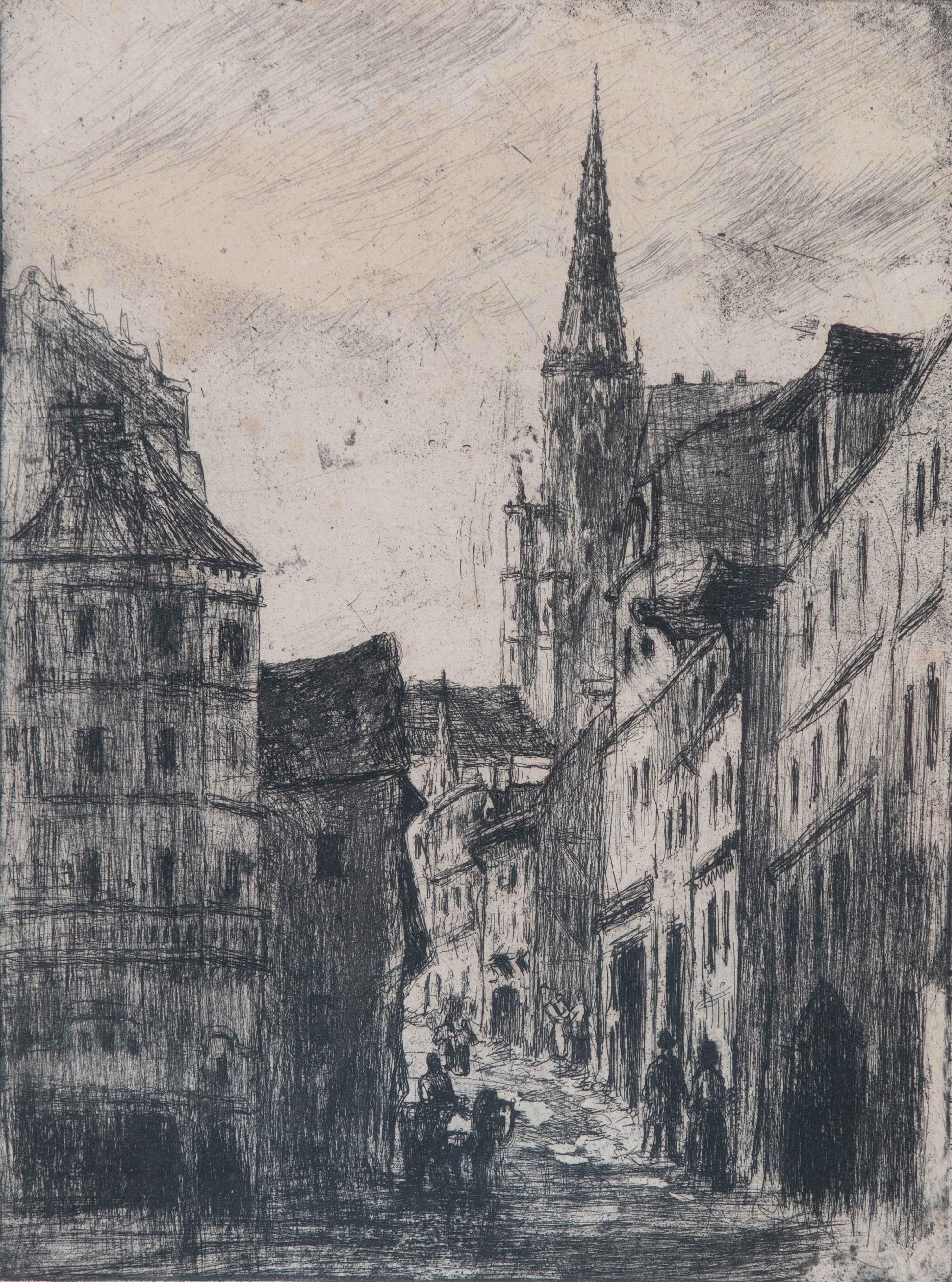 La Rue Malpolue, à Rouen by Camille Pissarro (1830-1903)
Etching
19.8 x 15 cm (7 ³/₄ x 5 ⁷/₈ inches)
Stamped lower right, C.P. and numbered 18
Created in 1883-84 (printed at a later date as a part of a limited posthumous edition)
Delteil